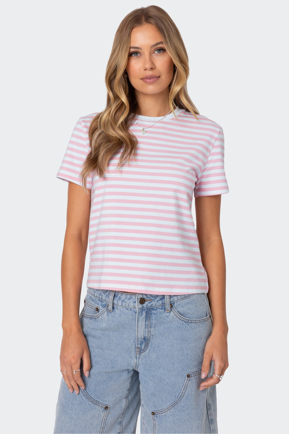 Striped Cotton T-Shirt Light Pink Relaxed Fit
