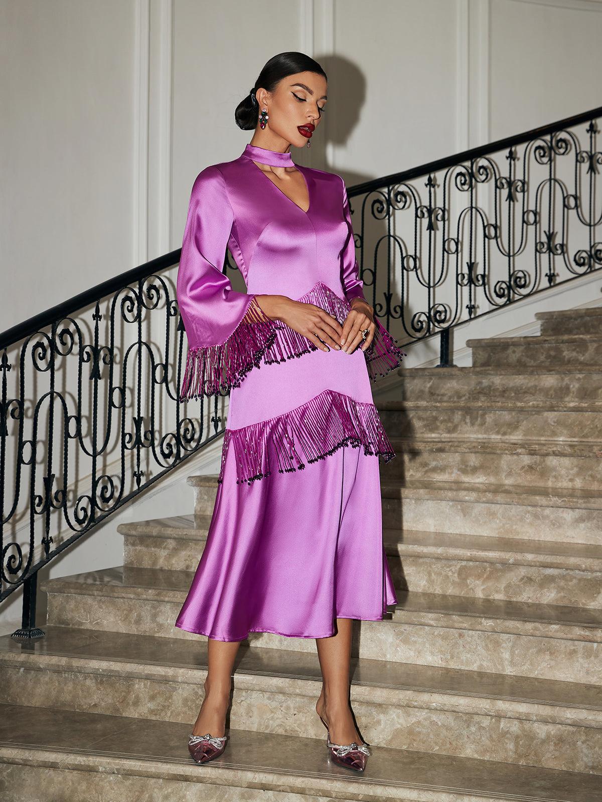 Purple Glitter Fringe Satin Dress - Statement Piece for Confidence