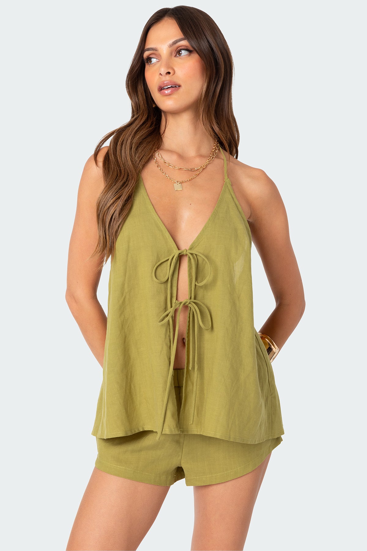 Green Linen Look Tie Front Top 100% Cotton
