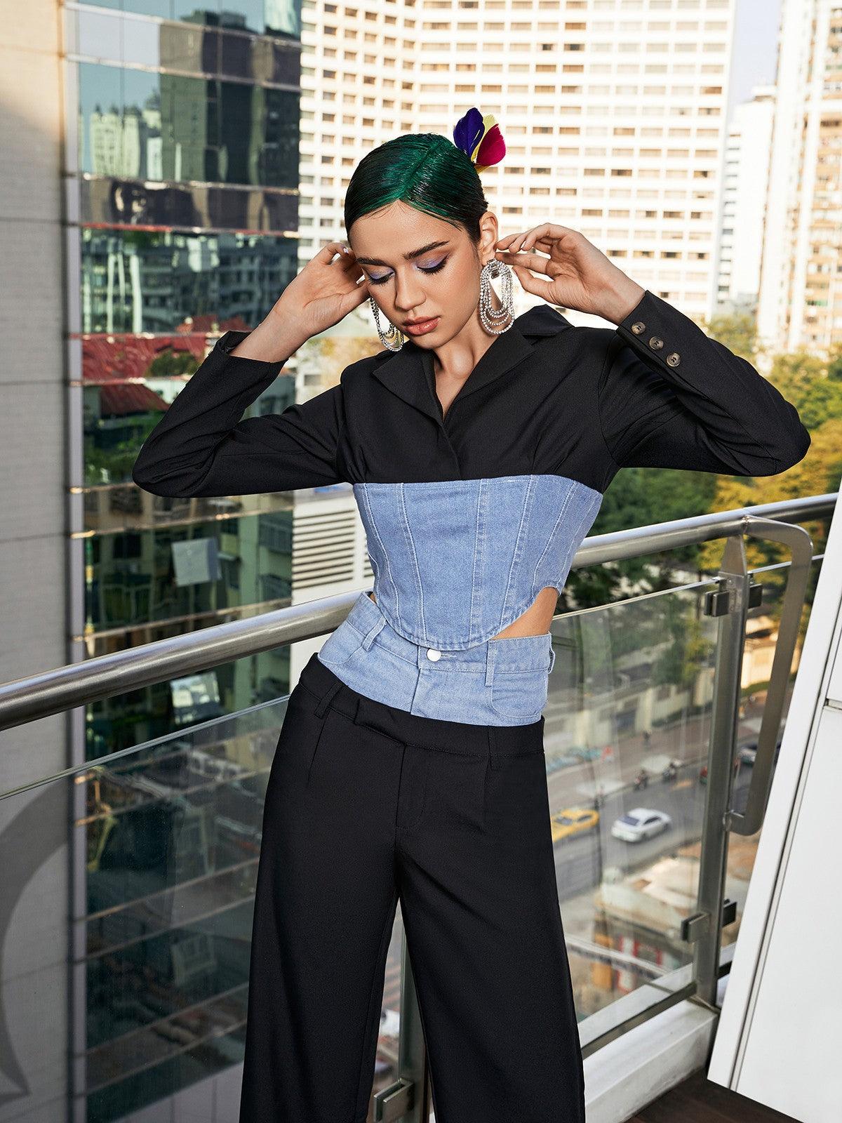 Patchwork Bodycon Blazer in Blue Denim