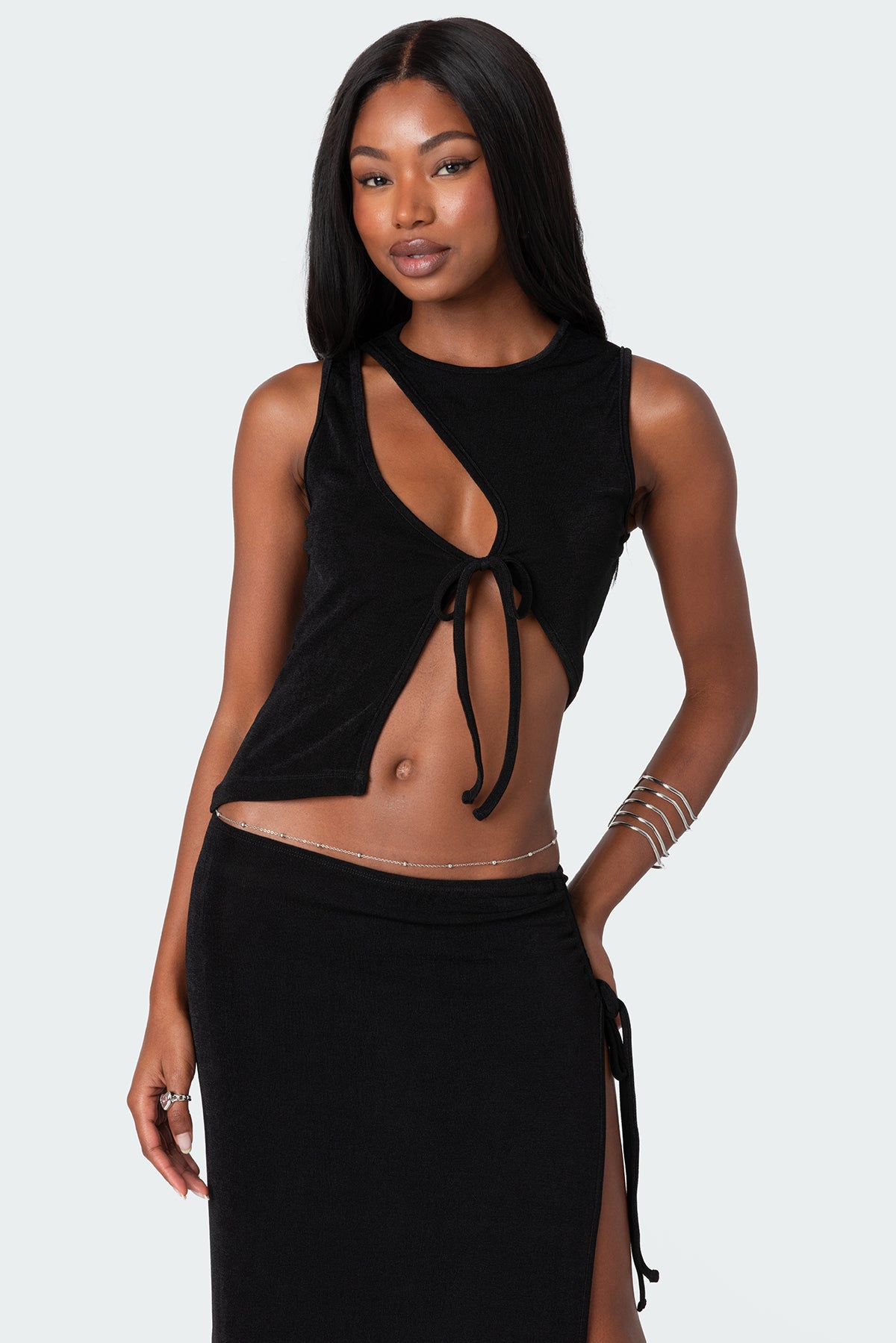 Stylish Black Asymmetric Top with Cut Out Detailing