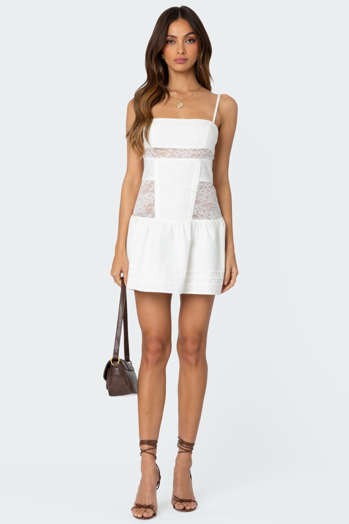 White Linen Look Mini Dress with Lace Detail