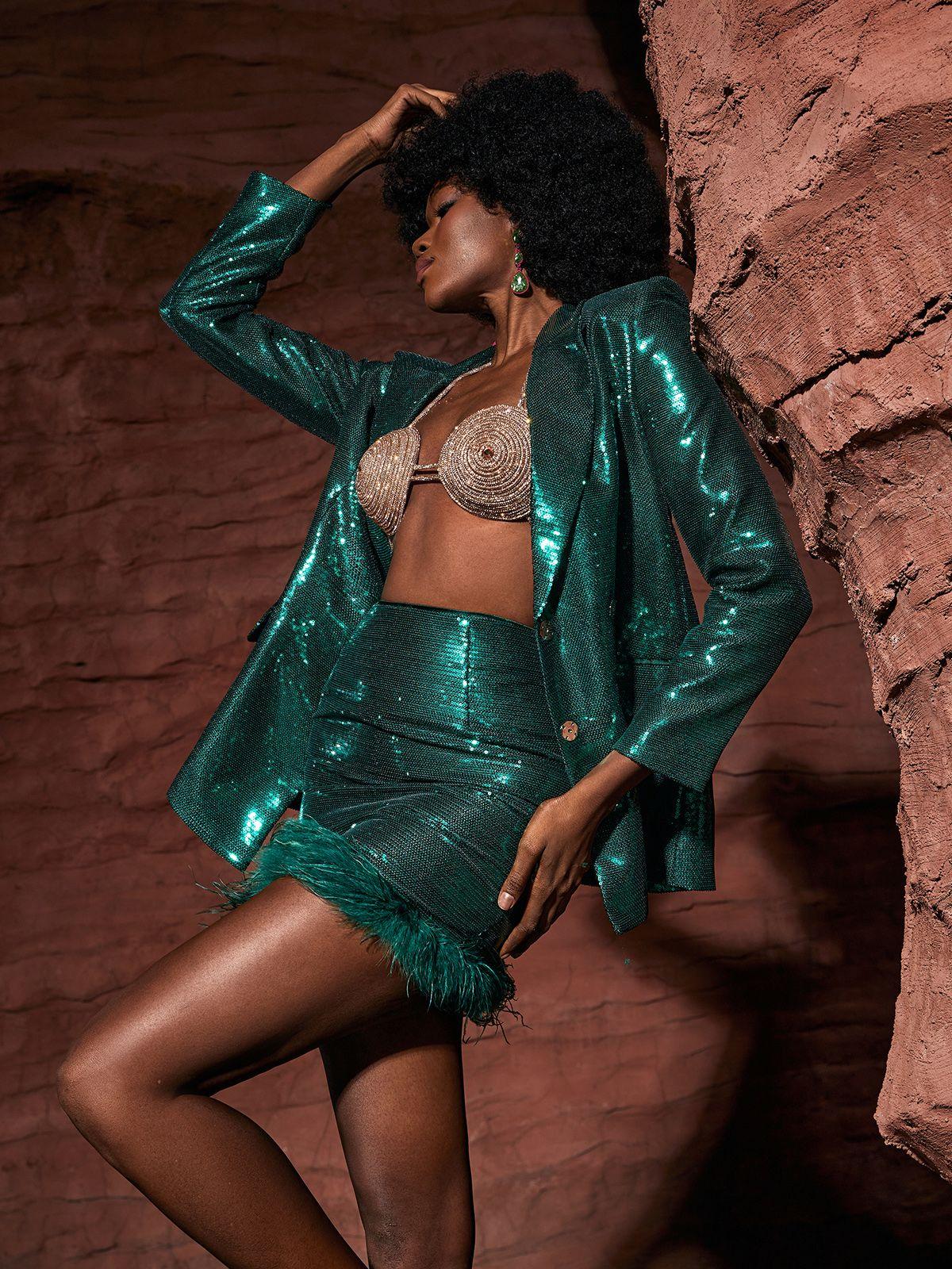 Sparkling Sequin Blazer and Skirt Set for Women