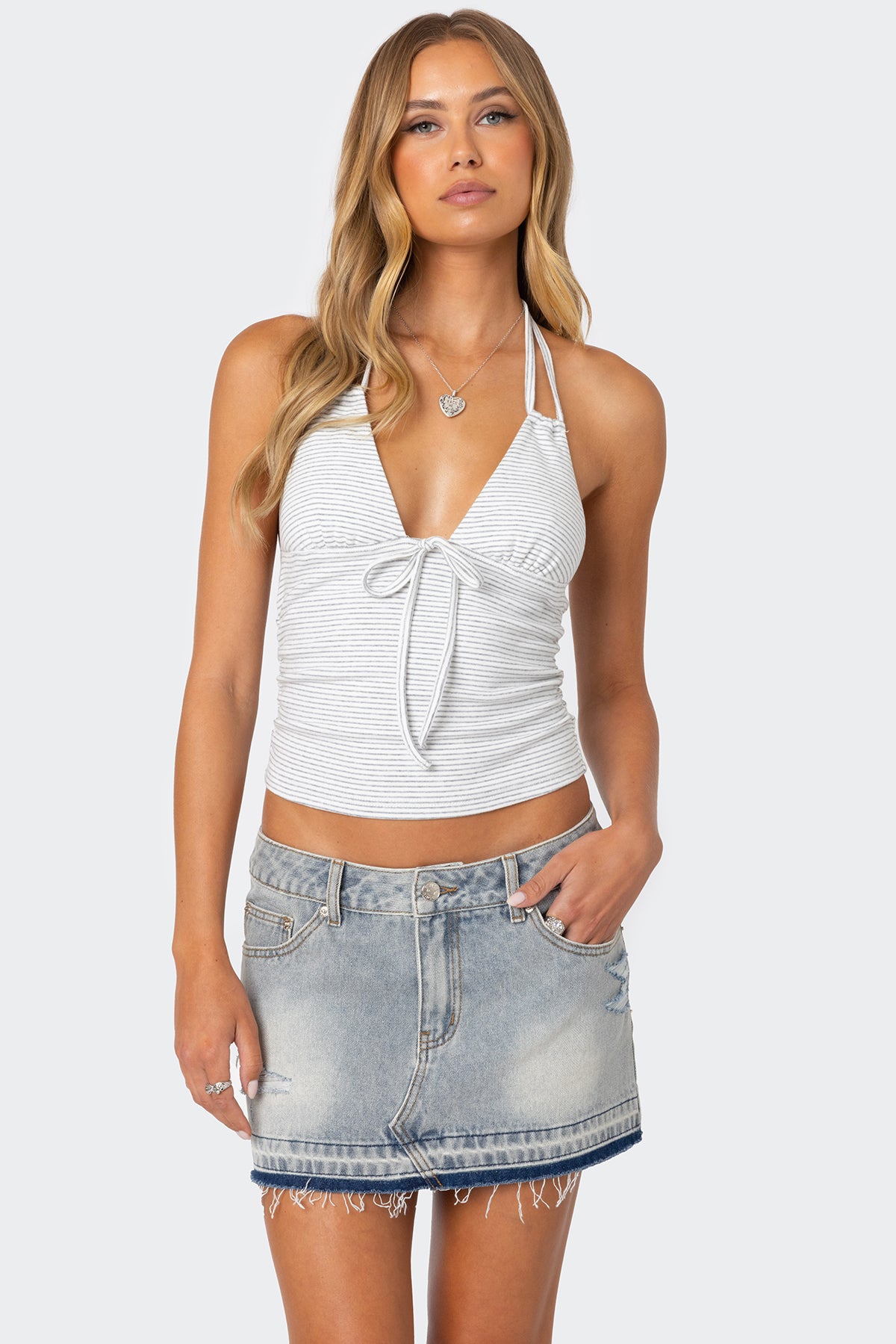 Striped Halter Neckline Top in Gray Color - Womens Trendy Fashion