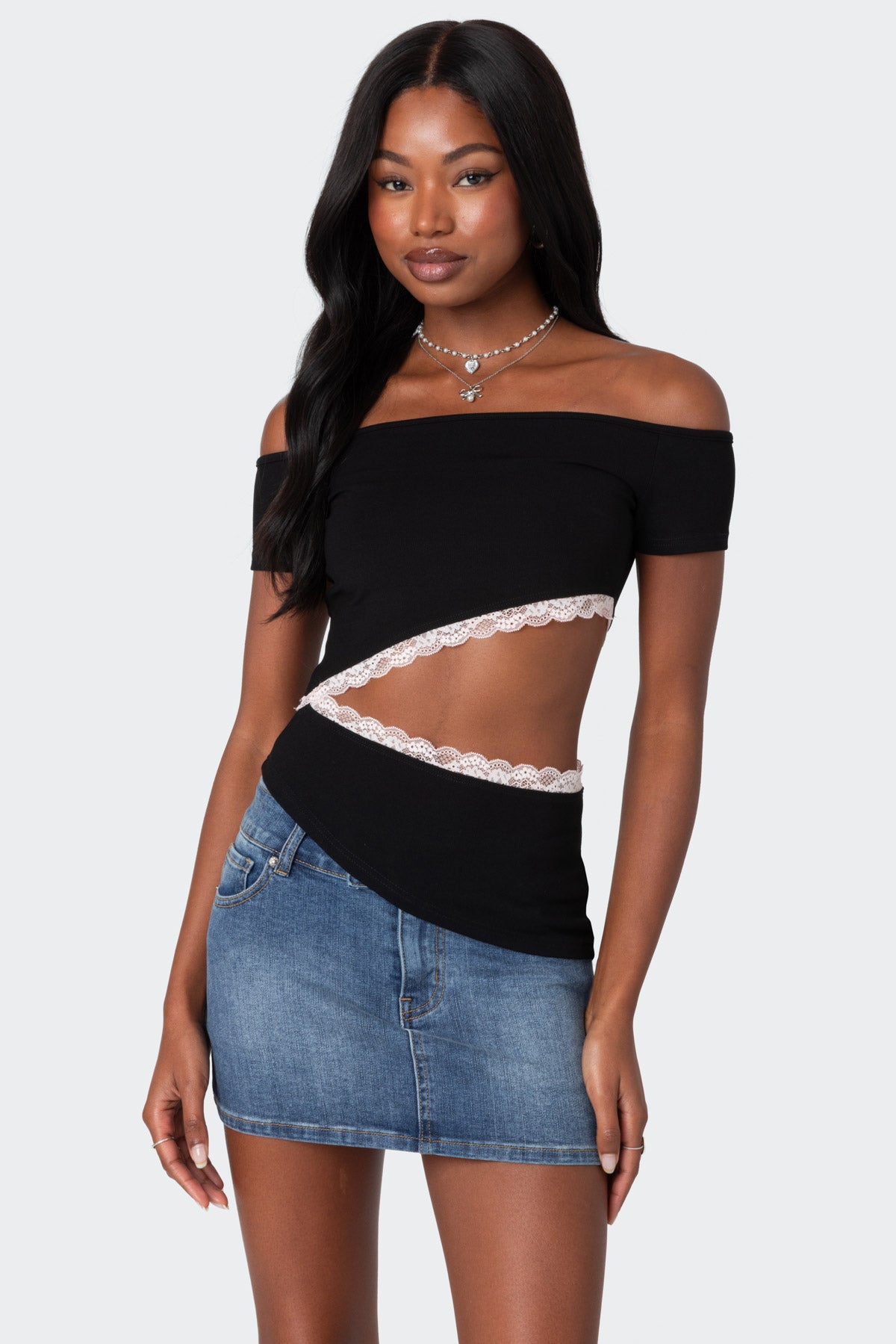 Black Off Shoulder Cut Out Top Asymmetric Hem Lace Trim