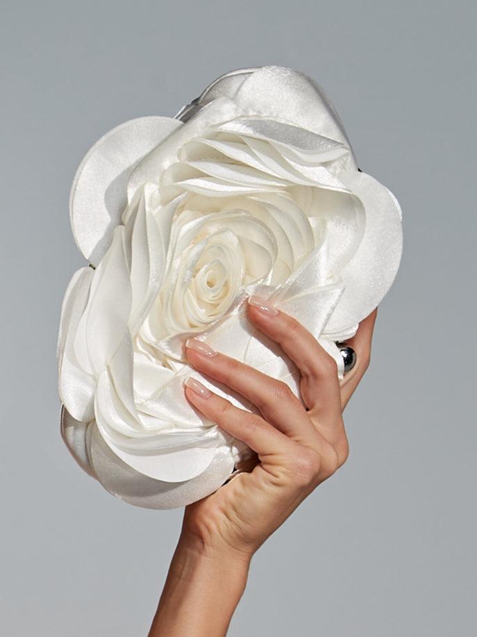 Elegant White Flower Satin Clutch with Detachable Chain