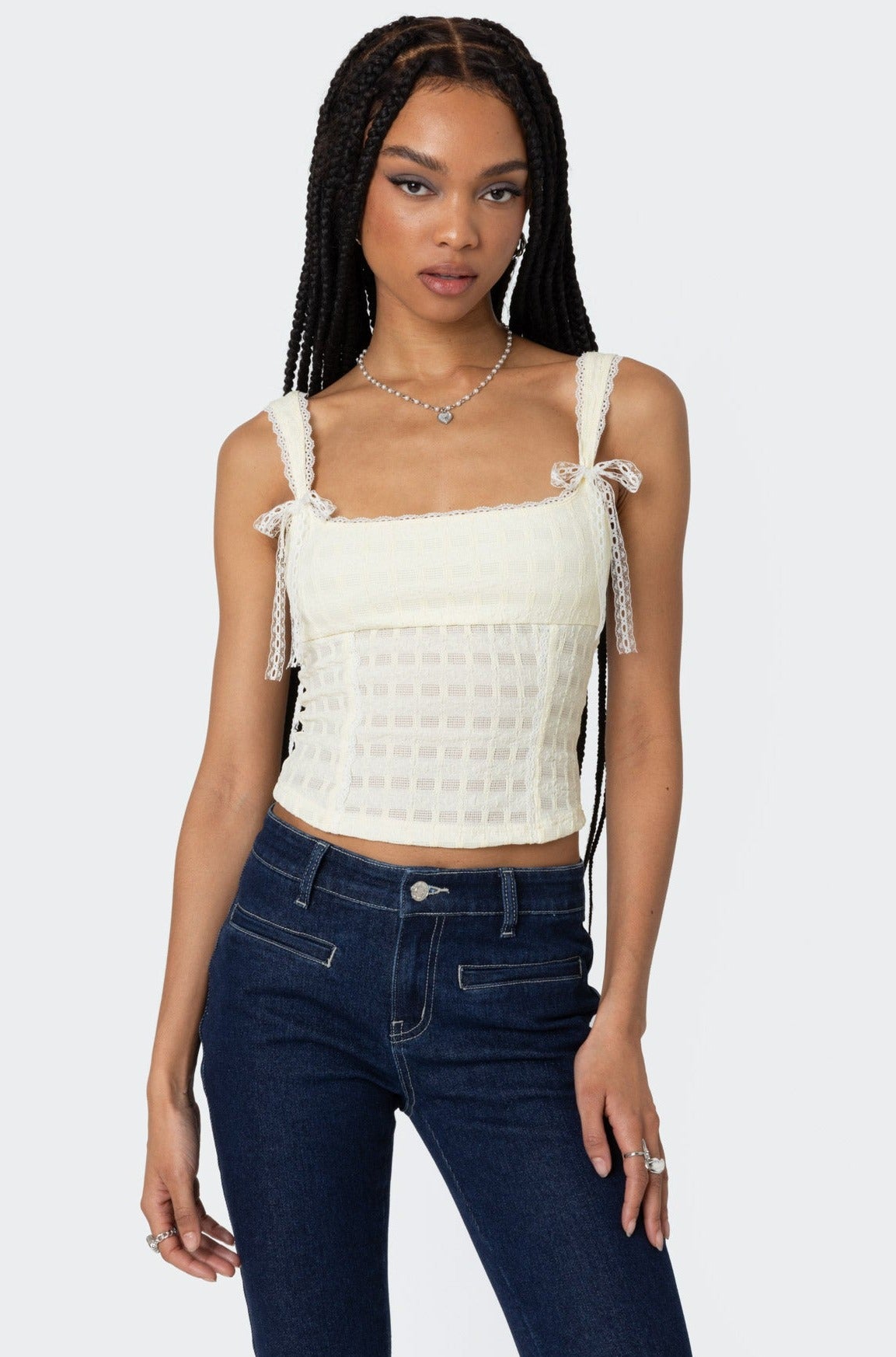 Cream Textured Bustier Tank Top Lace Trim Cotton Spandex