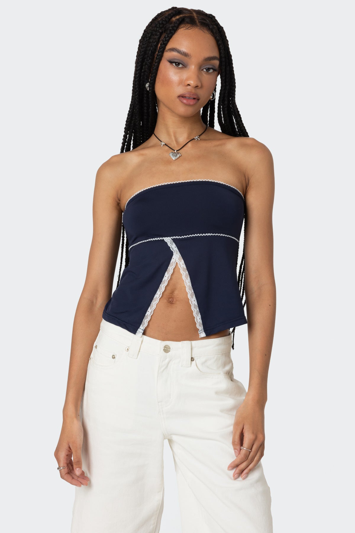 Navy Lace Trim Tube Top Split Front Design