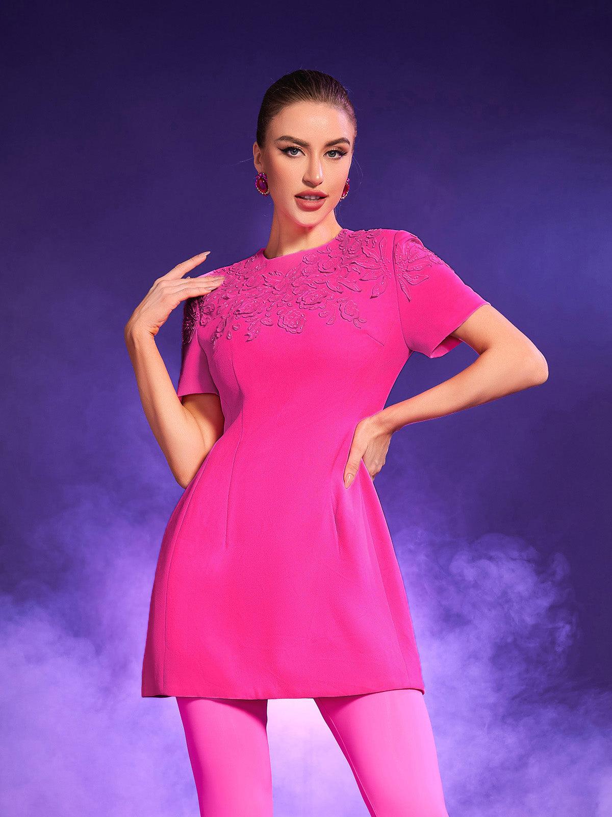 Hot Pink Jacquard Short Sleeve Mini Dress - Elegant Style