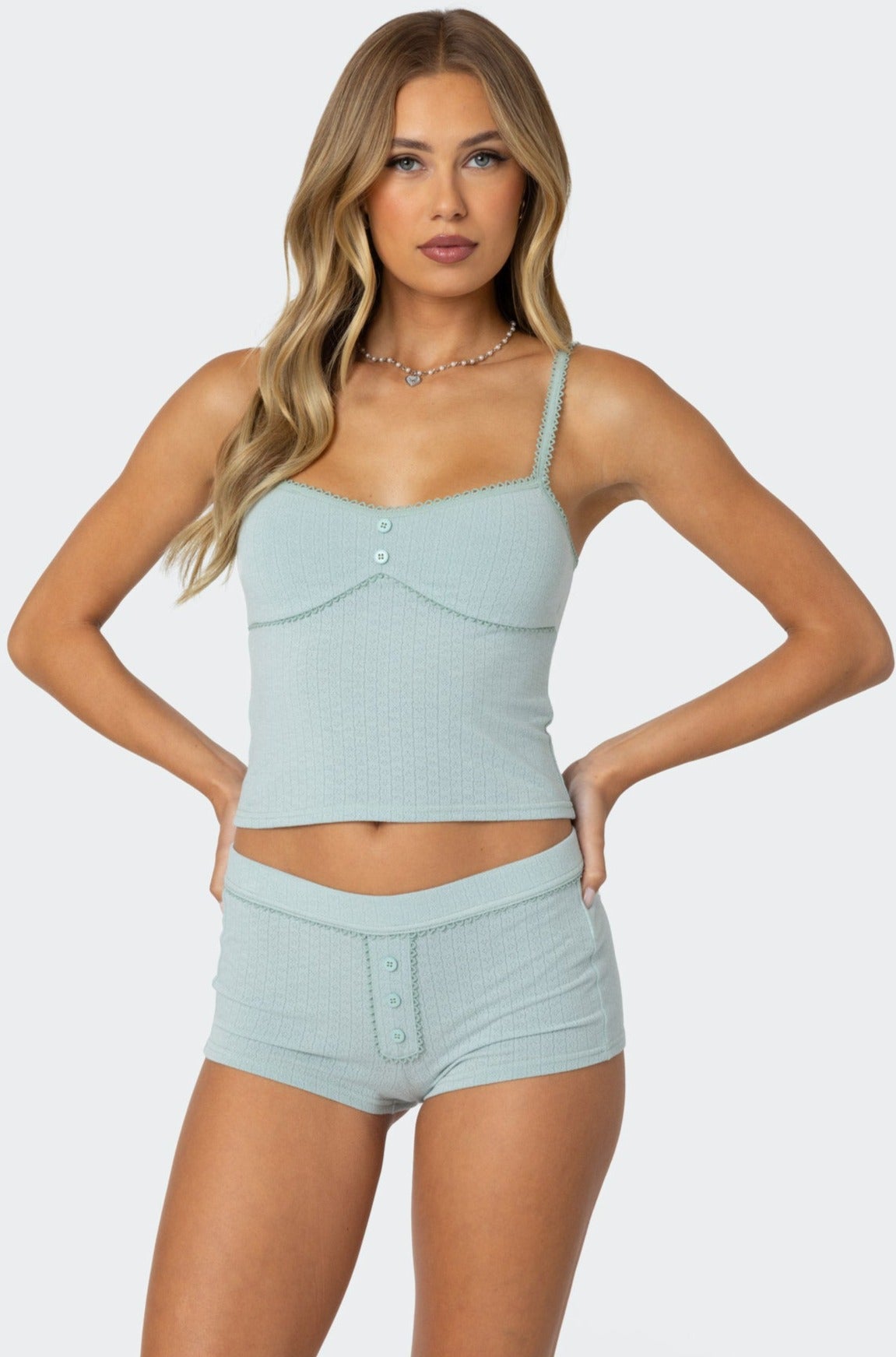 Pointelle Lace Trim Tank Top Sage Green