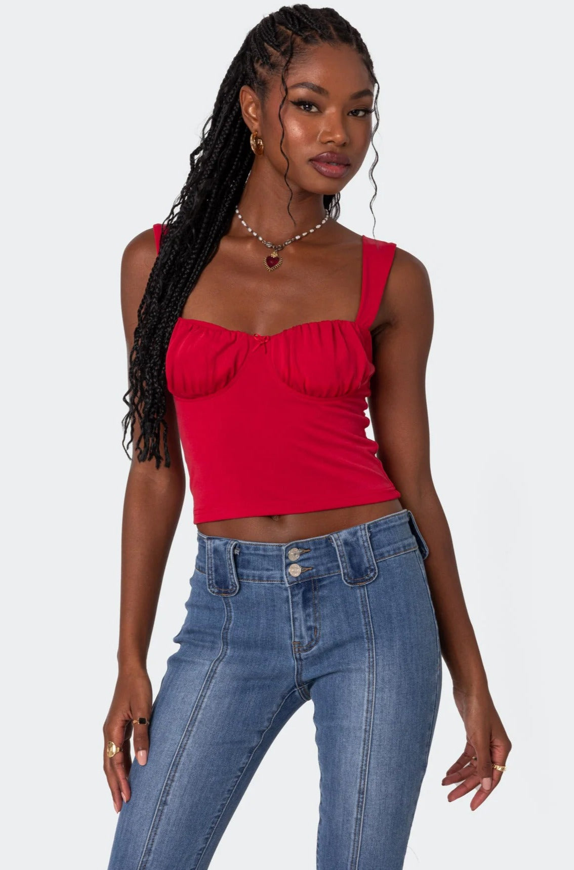 Red Cupped Tank Top Ruched Bust Womens Sleeveless Shirt