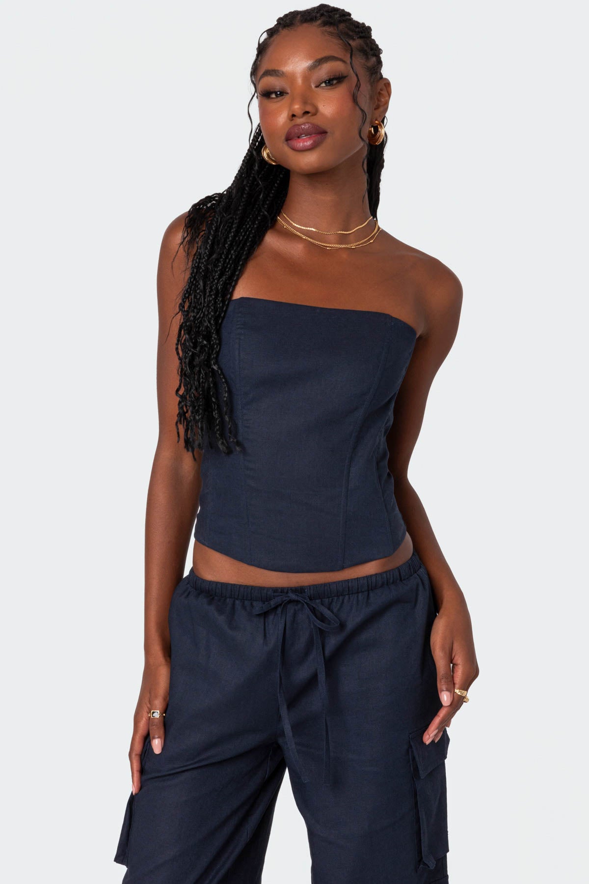 Navy Lace Up Back Linen Corset Set