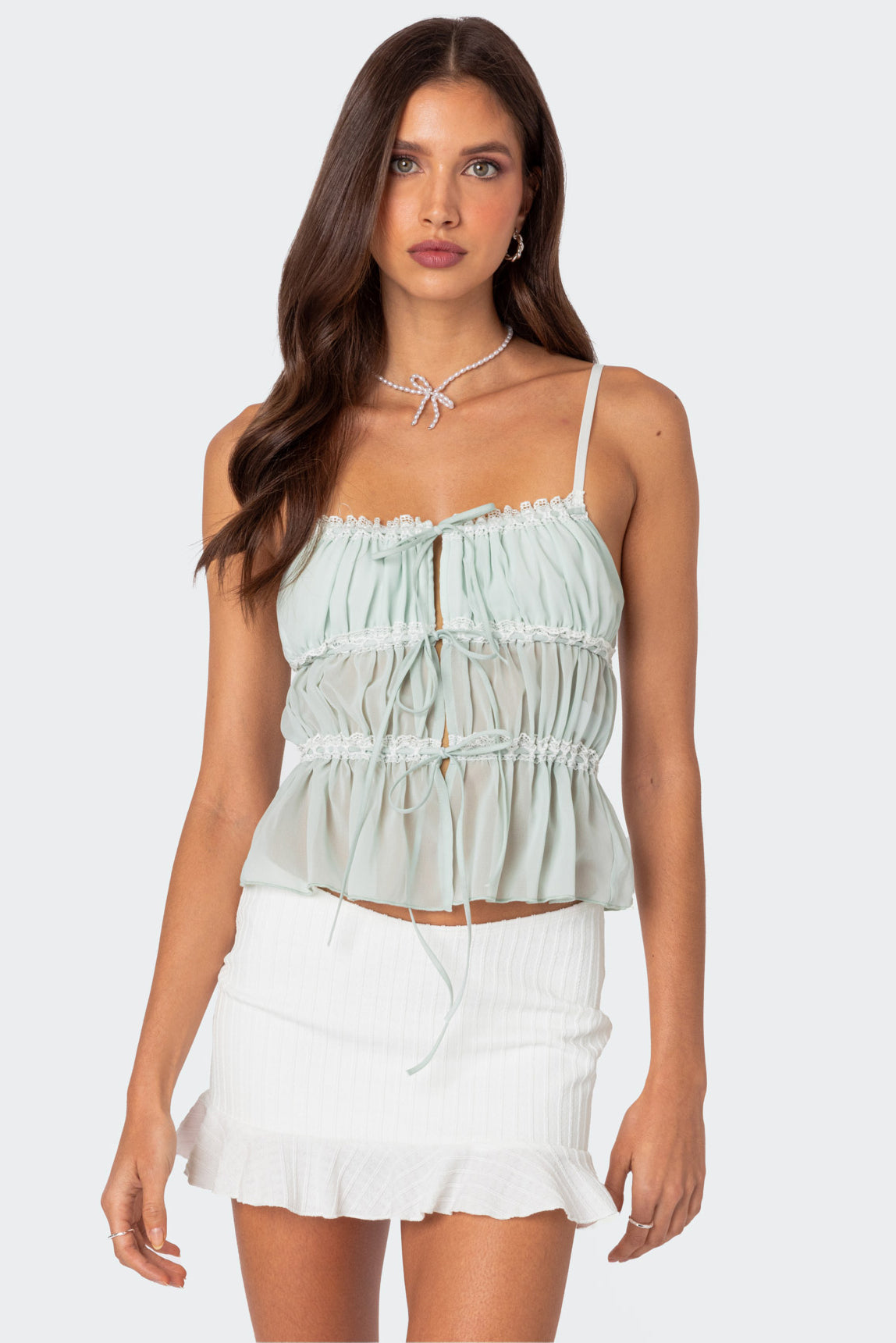 Sheer Green Chiffon Tie Top - Womens Adjustable Straps Lace Trim Ruched Design
