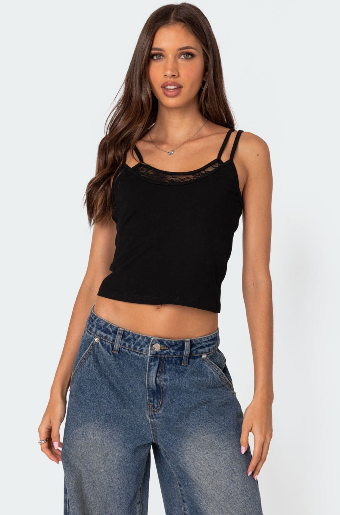 Black Lace Layered Tank Top - Adjustable Straps