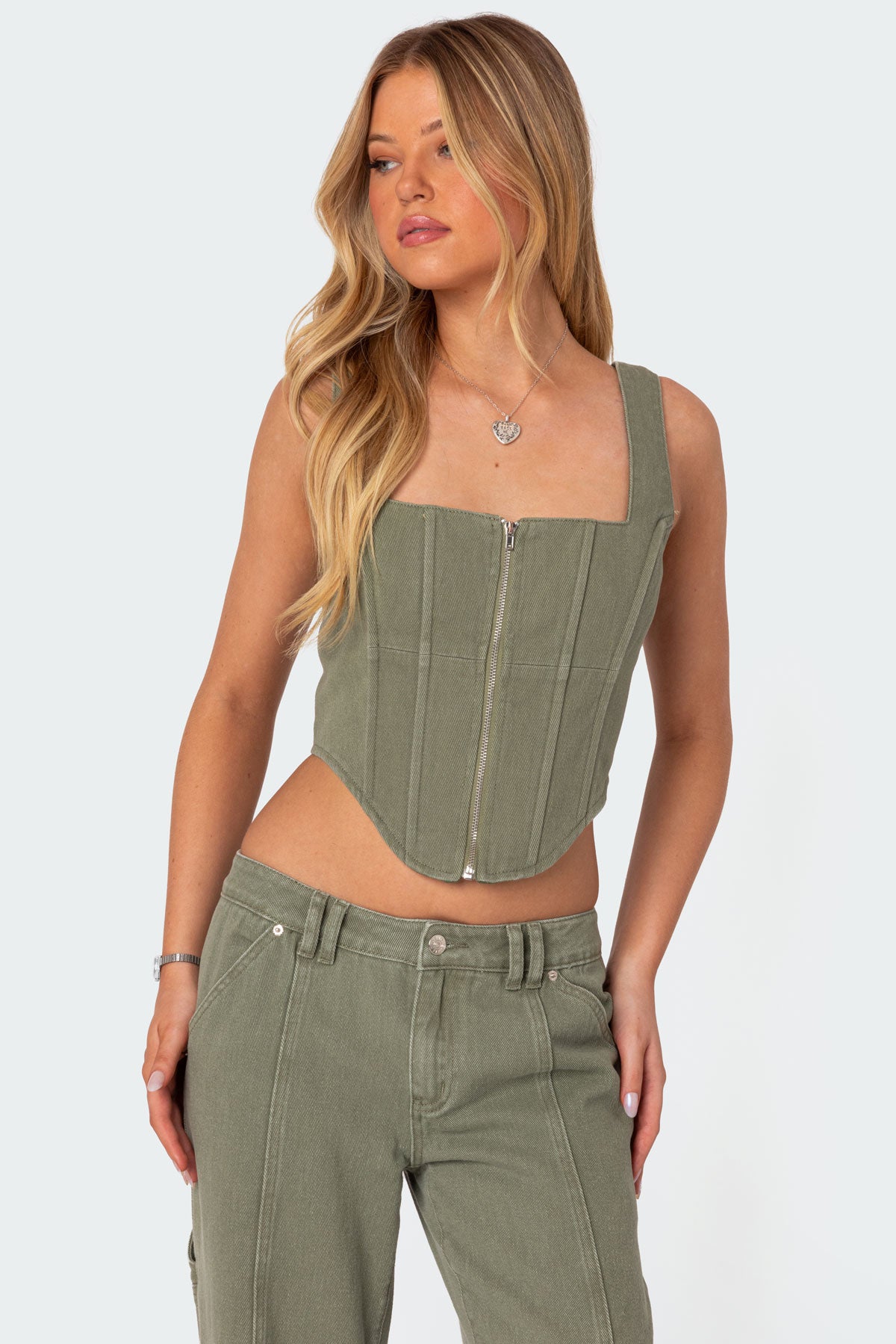 Womens Denim Zip Front Corset in Olive Washed Cotton - Lottie Style