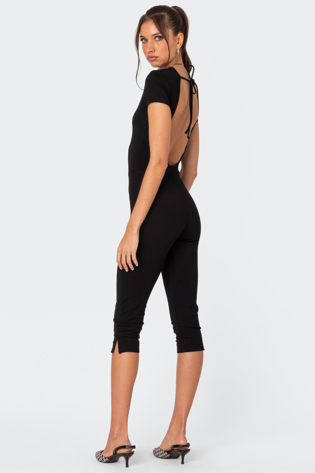 Black Capri Back-Tie Jumpsuit Womens Glamorous Evening Wear XS-XL