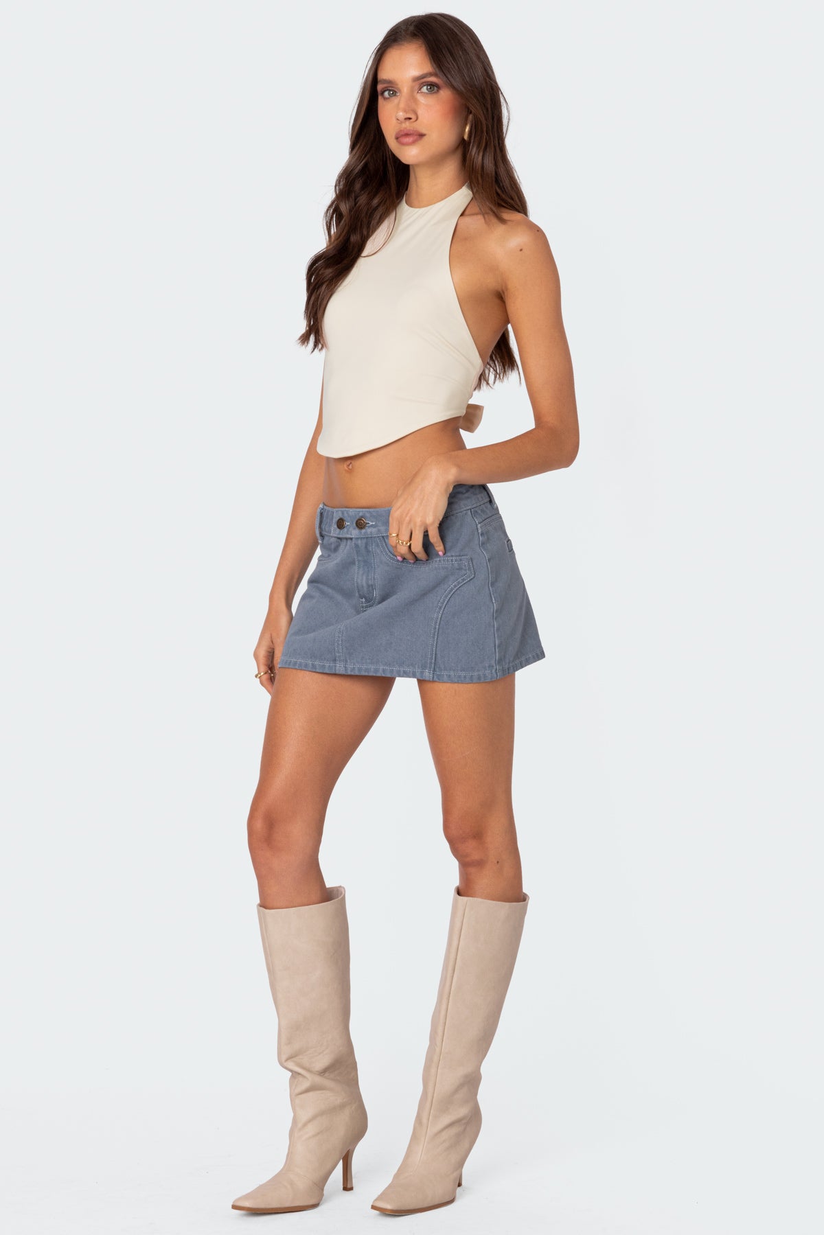 Cream Halter Top with Curved Hemline Ideal for Women