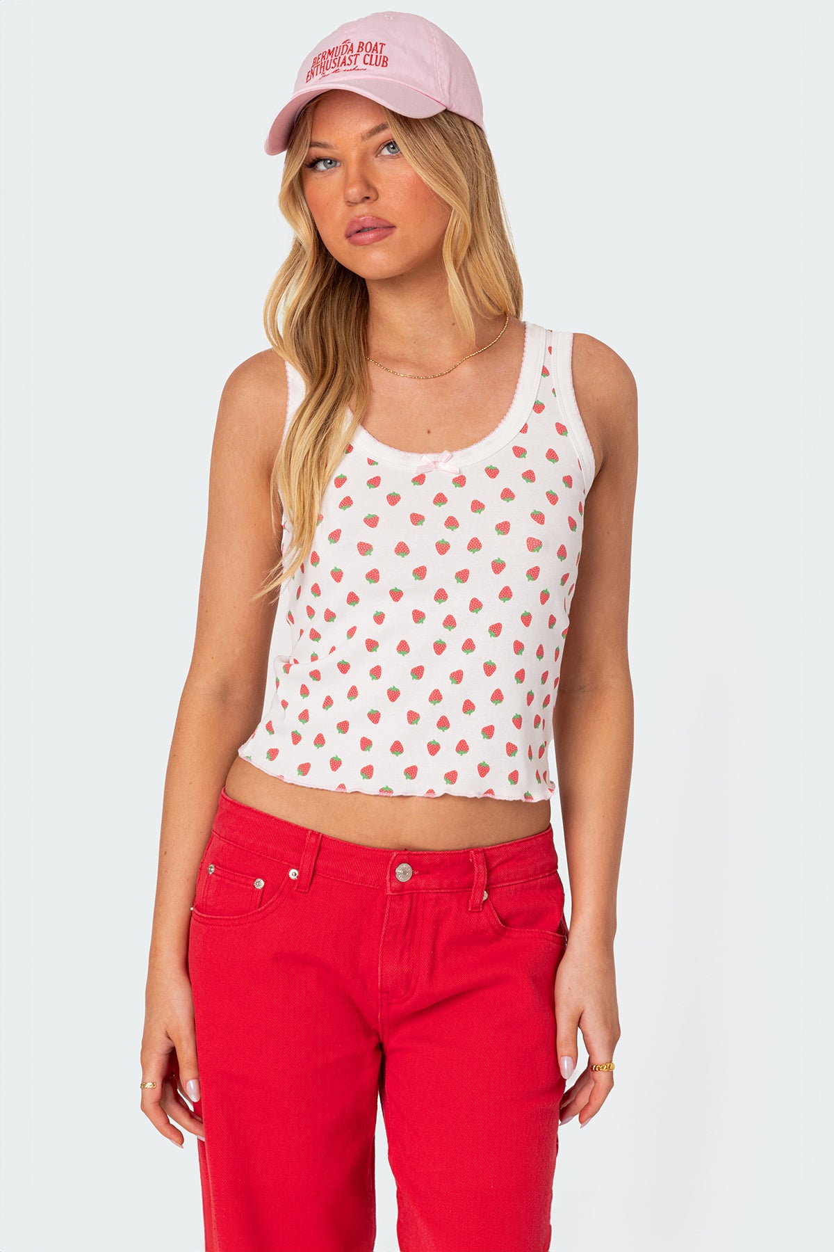 White Lace Trim Bow Printed Tank Top