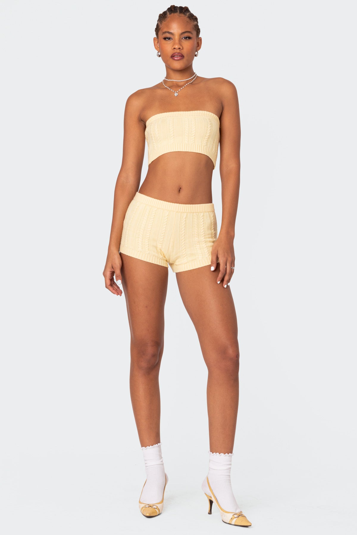 Yellow Cable Knit Shorts Womens Acrylic Casual Wear XS-5XL