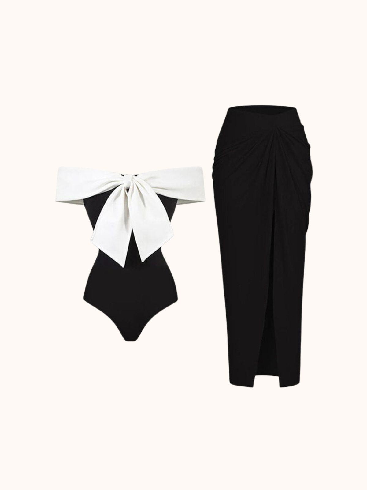Daisy Off Shoulder Two-Piece Swimwear Set - Black/White Floral
