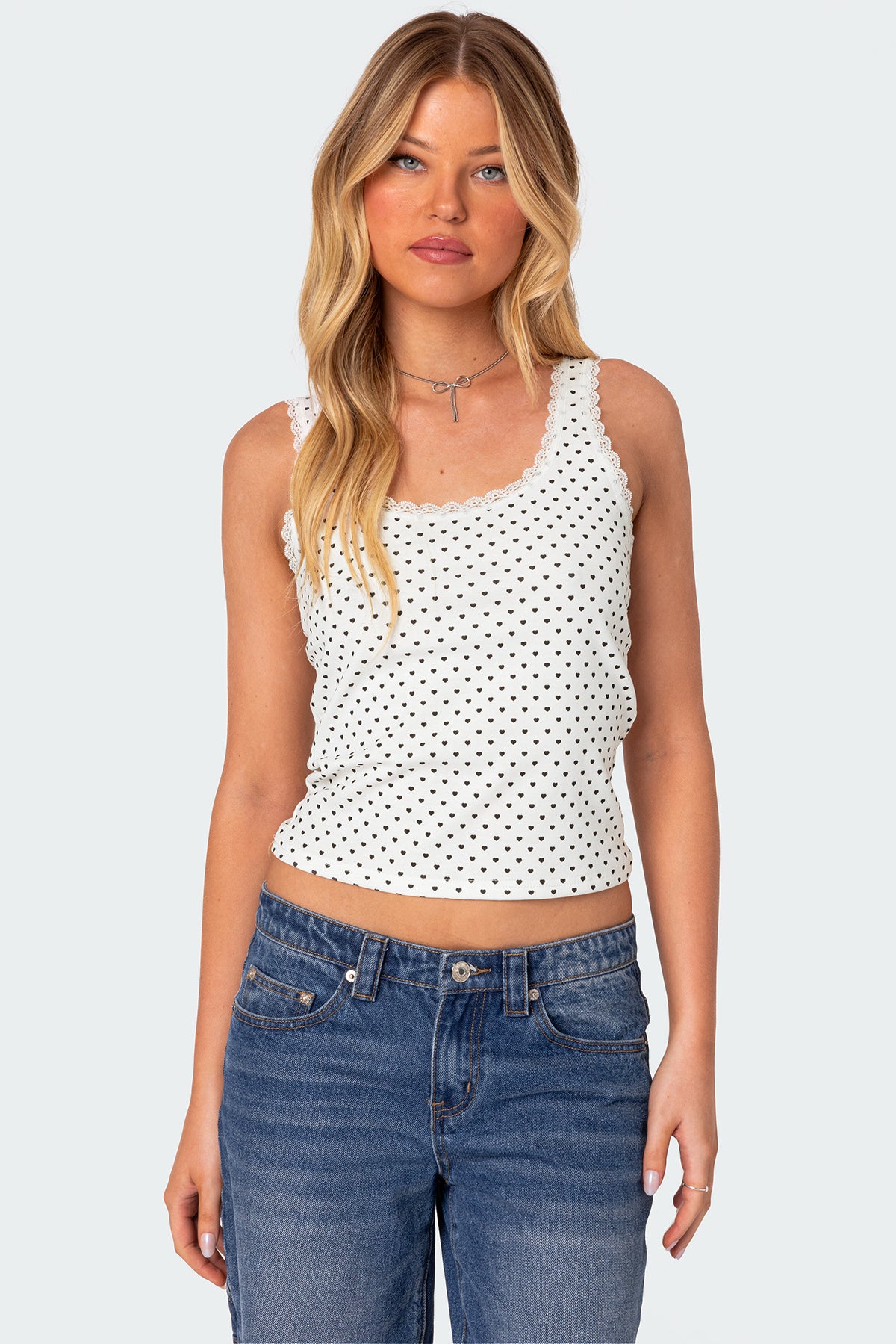 Heart Print Lace Trim Tank Top in White Cotton Spandex Blend