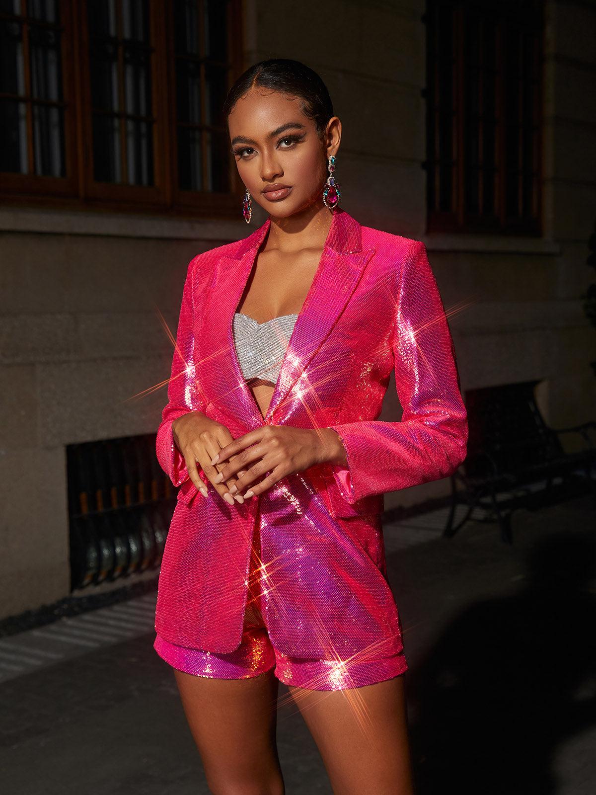 Hot Pink Sequin Blazer Shorts Set - Stylish Festive Outfit