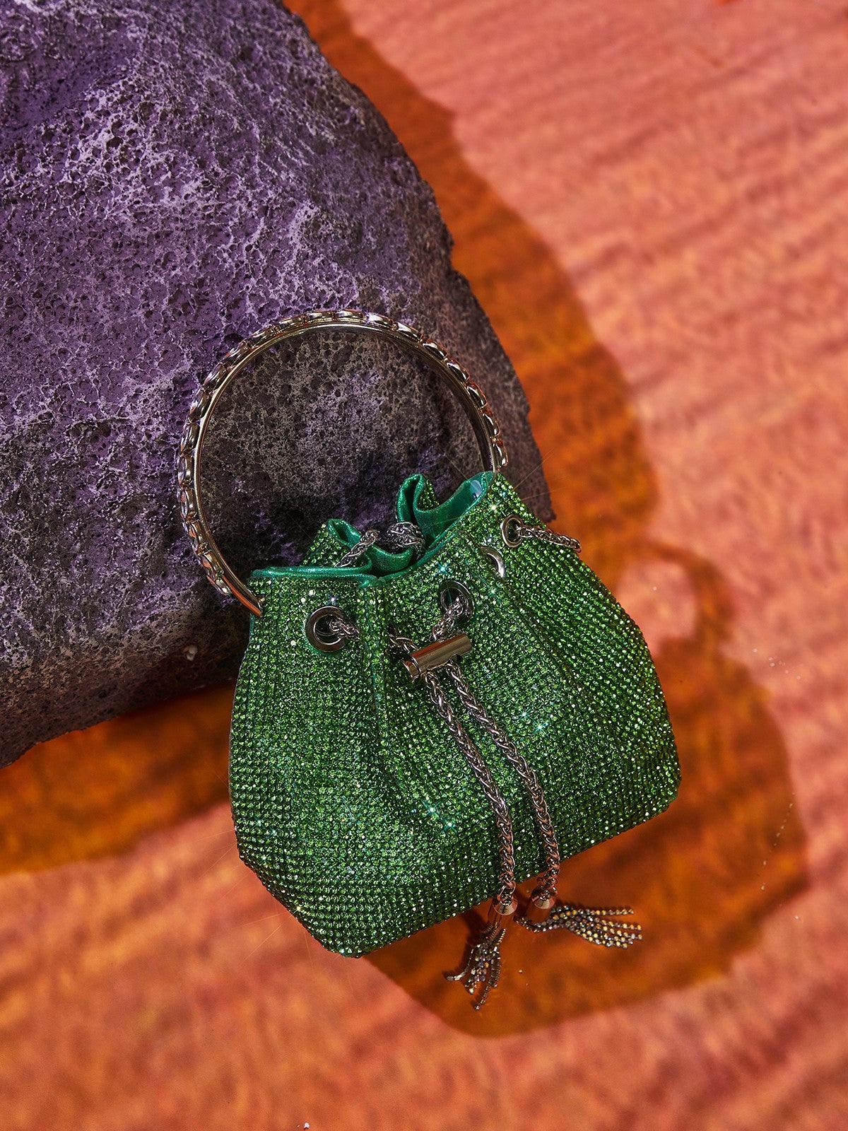 Green Crystal Embellished Bucket Bag - Stylish Statement Accessory