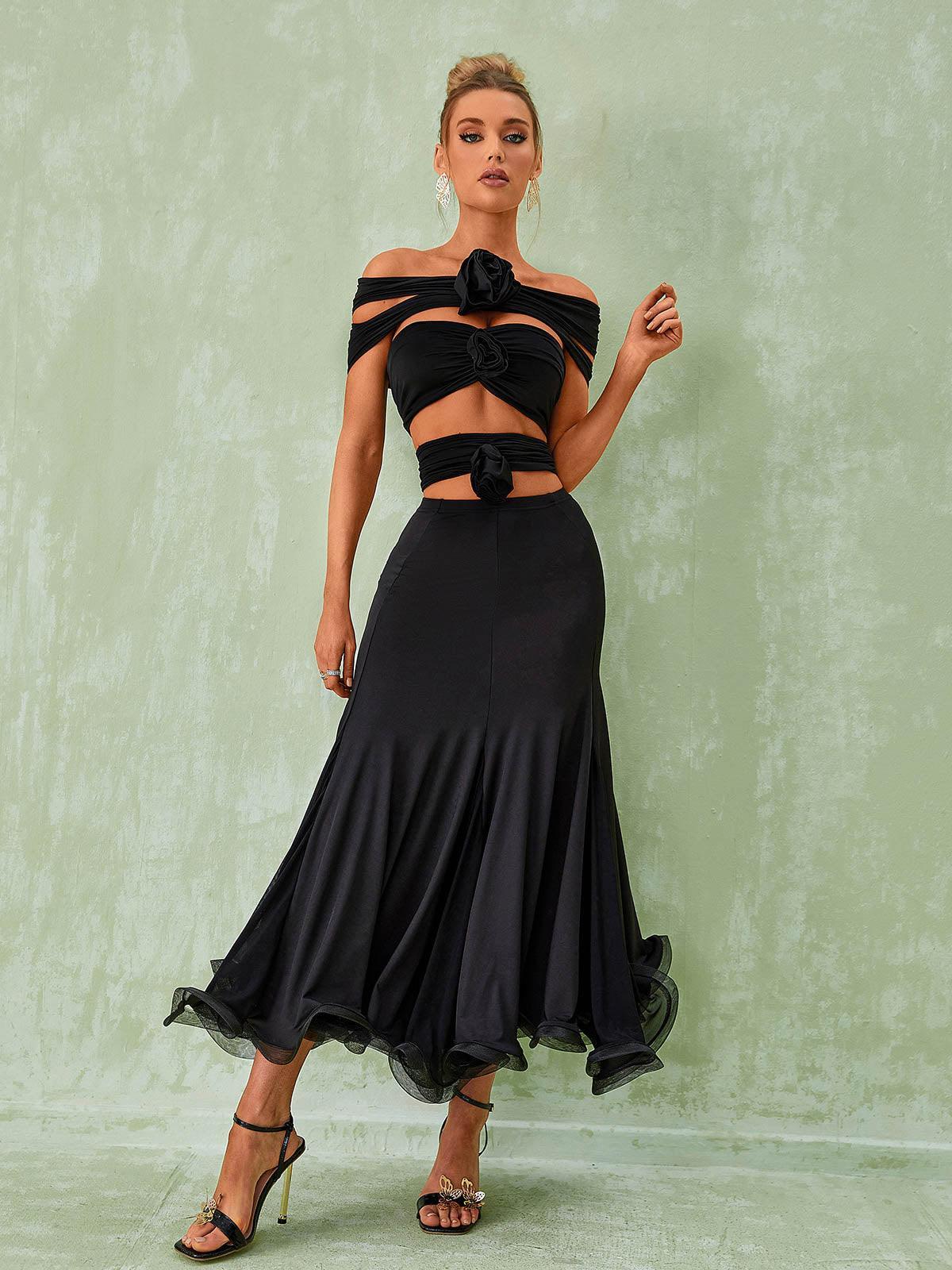 Black Maxi Skirt with Feminine Curling Details