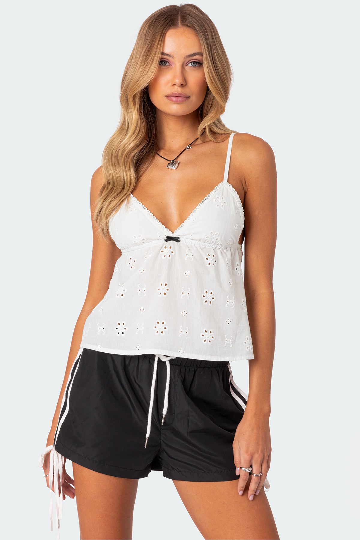 White Eyelet Cotton Tank Top with Adjustable Straps