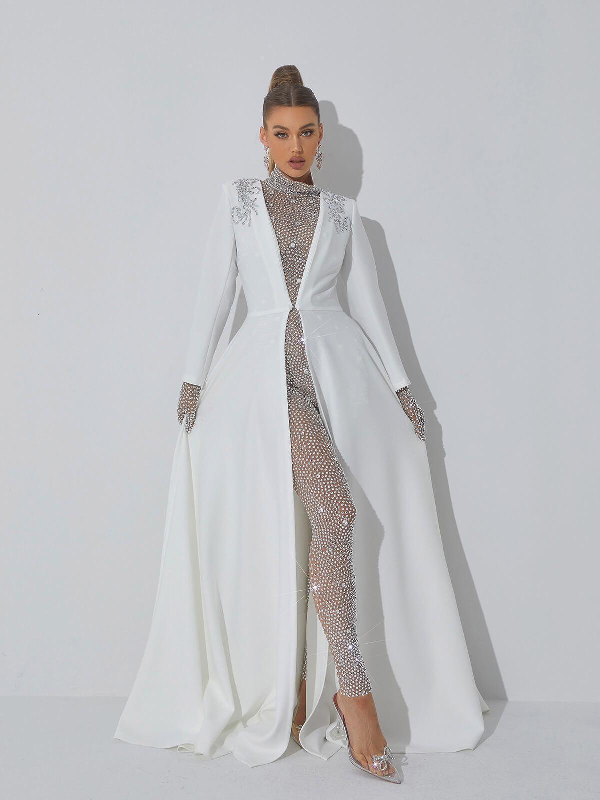 Crystal Embellished Winter Coat - Elegant Long Sleeve Design
