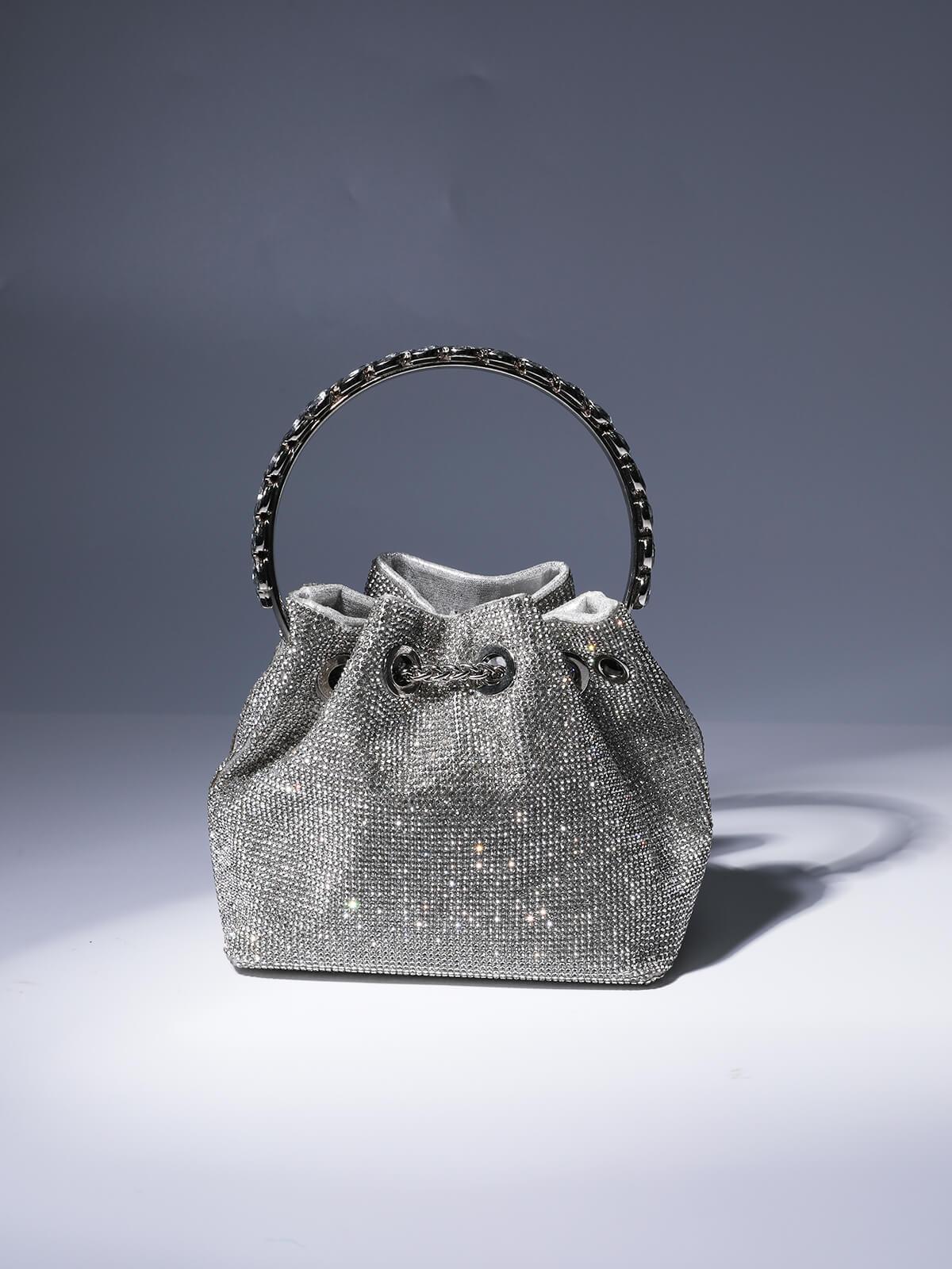 Silver Crystal Embellished Bucket Bag & Chain Drawstring