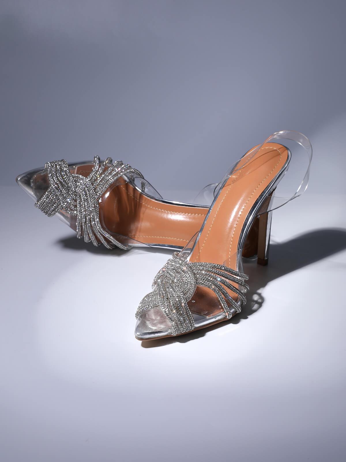 Silver Crystal Embellished Stiletto Heel Sandals - Pointed Toe Style