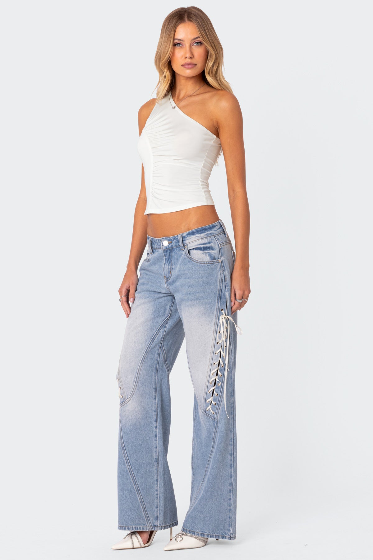 Light Blue Ribbon Lace Up Straight Fit Jeans
