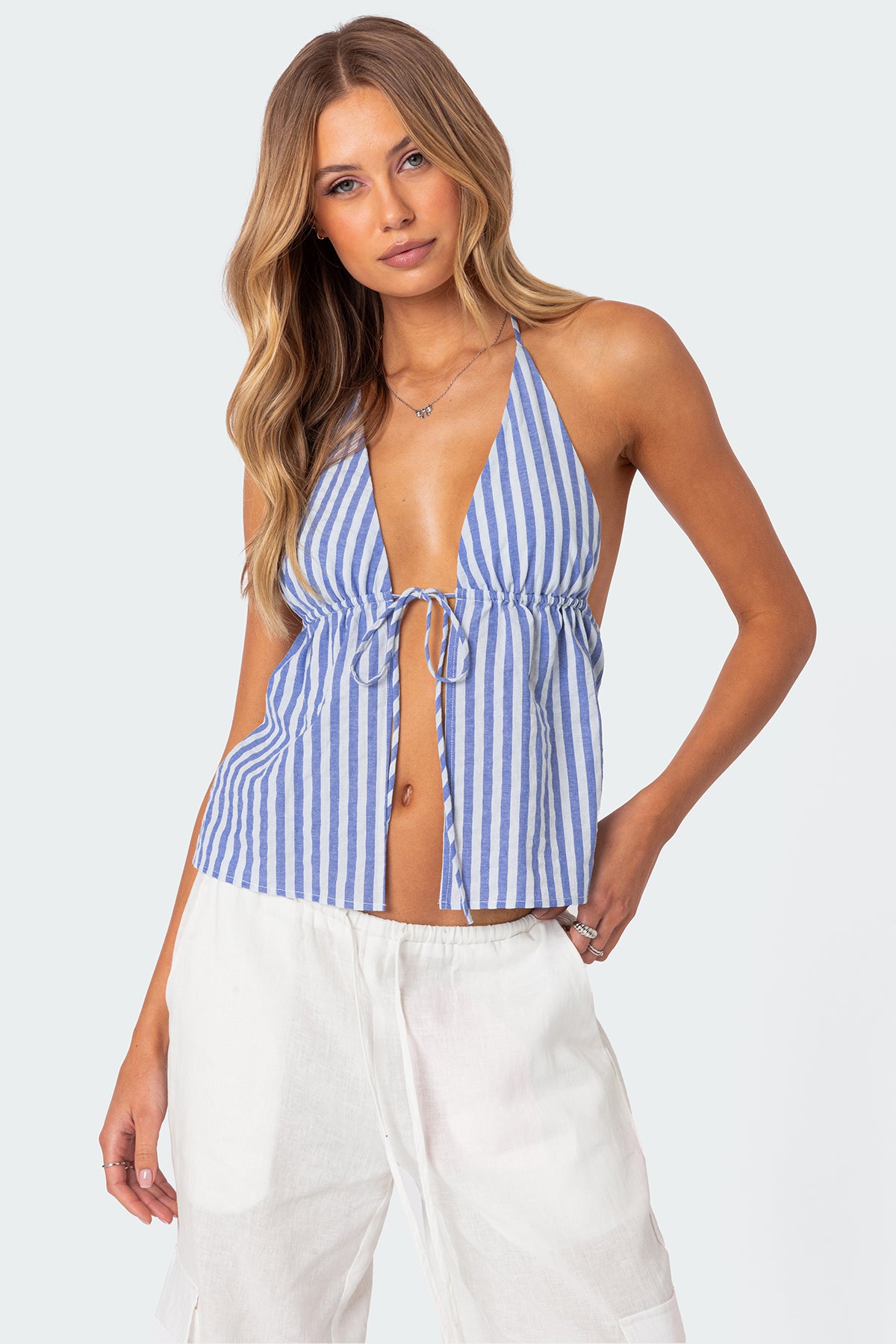Striped Cotton Tie Front Halter Top in Blue and White