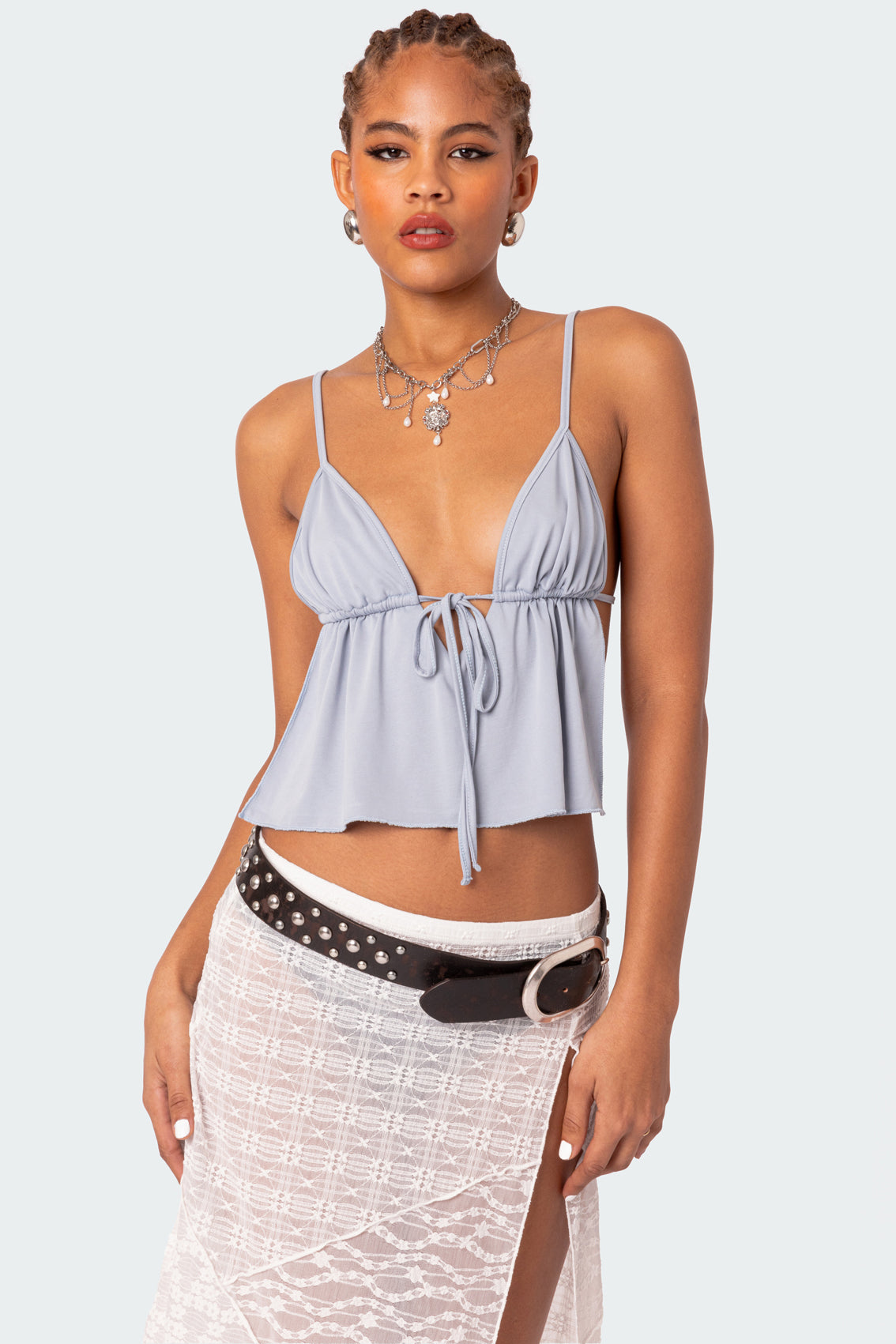 Light Blue Tie Front Open Back Tank Top
