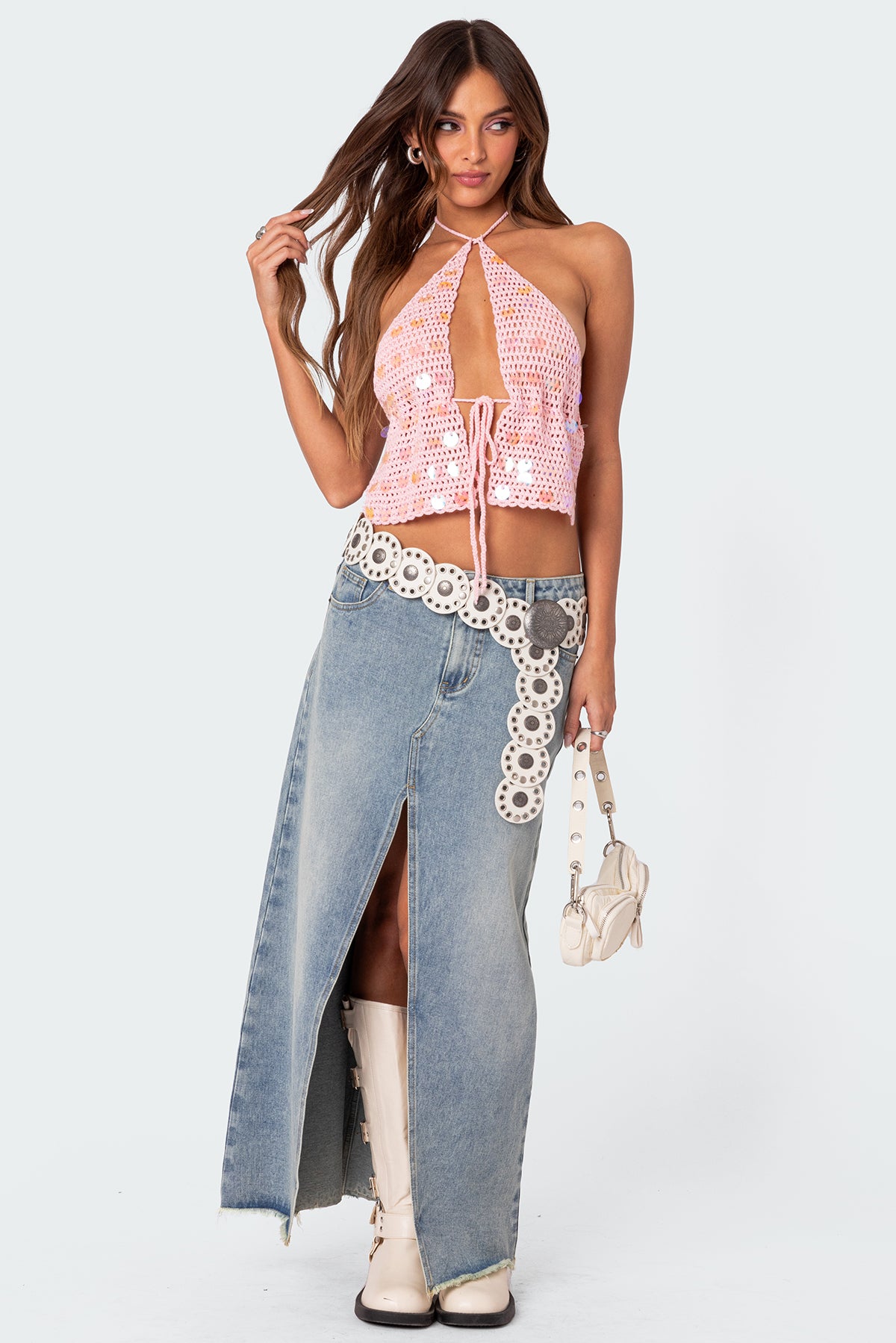 Pink Sequin Crochet Halter Top