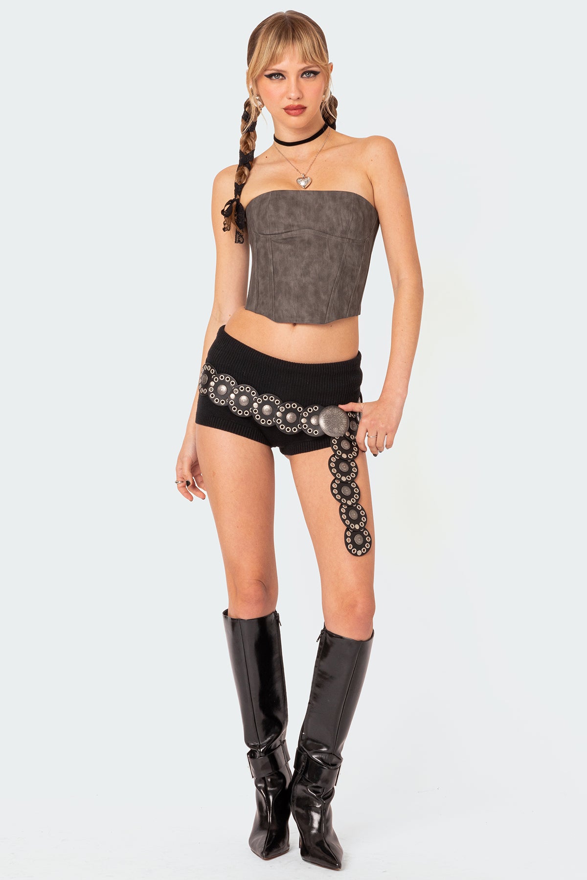 Gray Faux Leather Corset Top - Strapless Boned Bodice