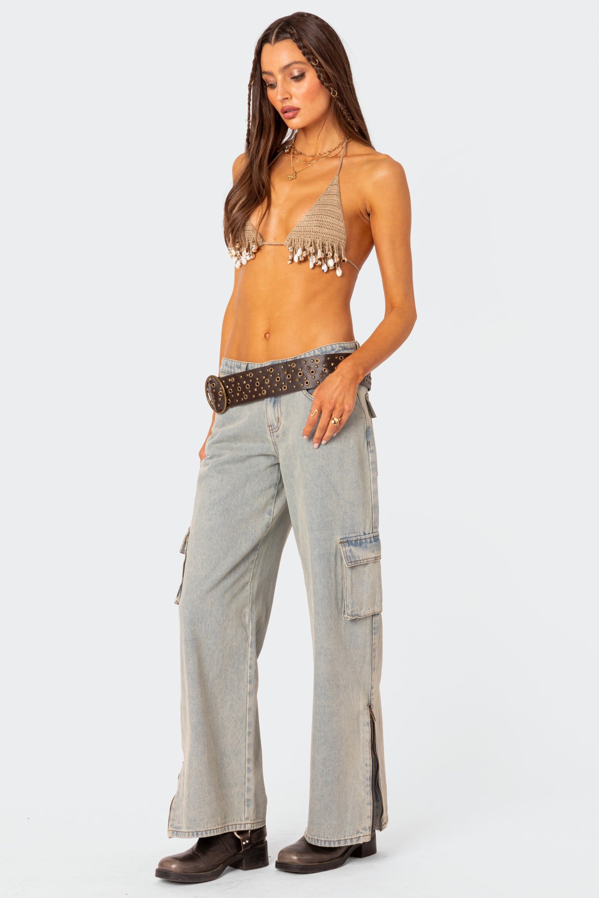 Crochet Beaded Bra Top Beige Tie Back Closure