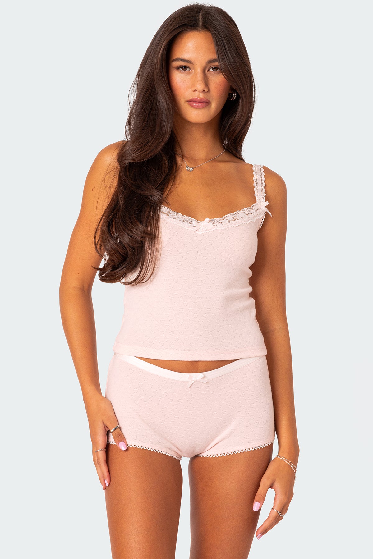 Light Pink Pointelle Lace Trim Tank Top