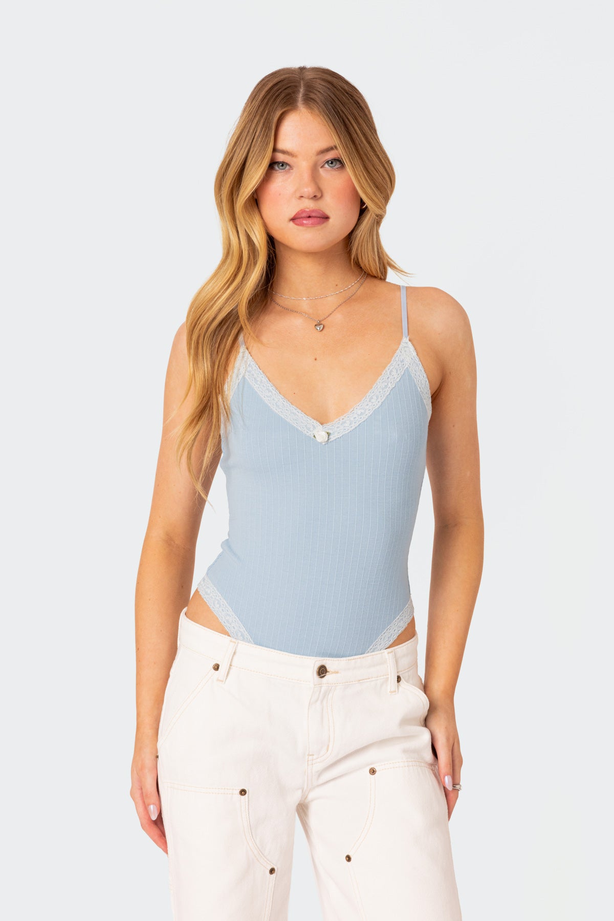 Lace Trim Aurora Bodysuit - Adjustable Straps & Mini Rose Detail