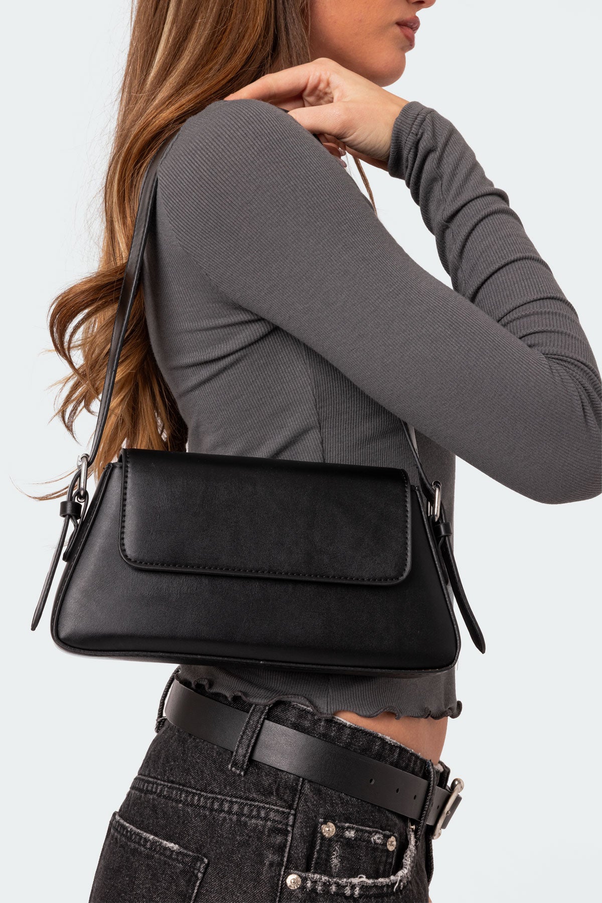 Black Faux Leather Shoulder Bag