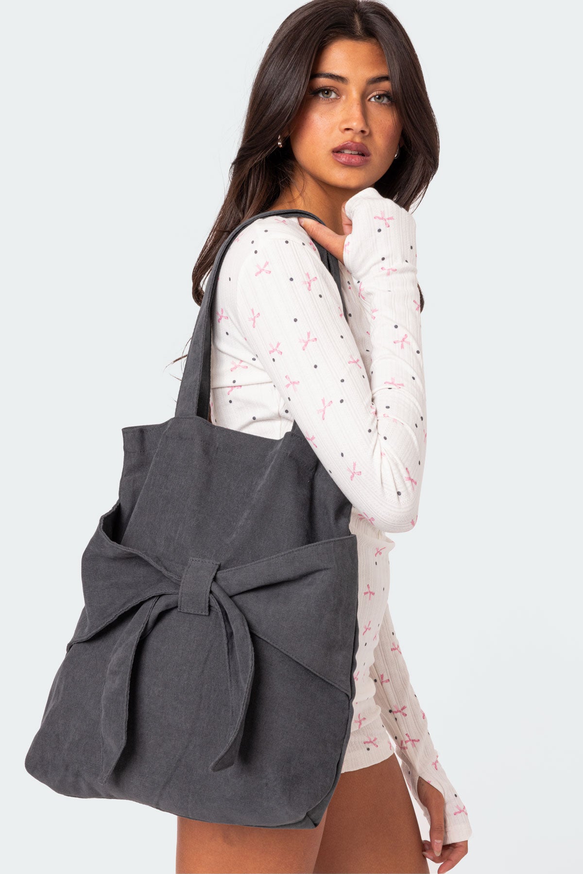 Dark Gray Bow Detail Tote Bag