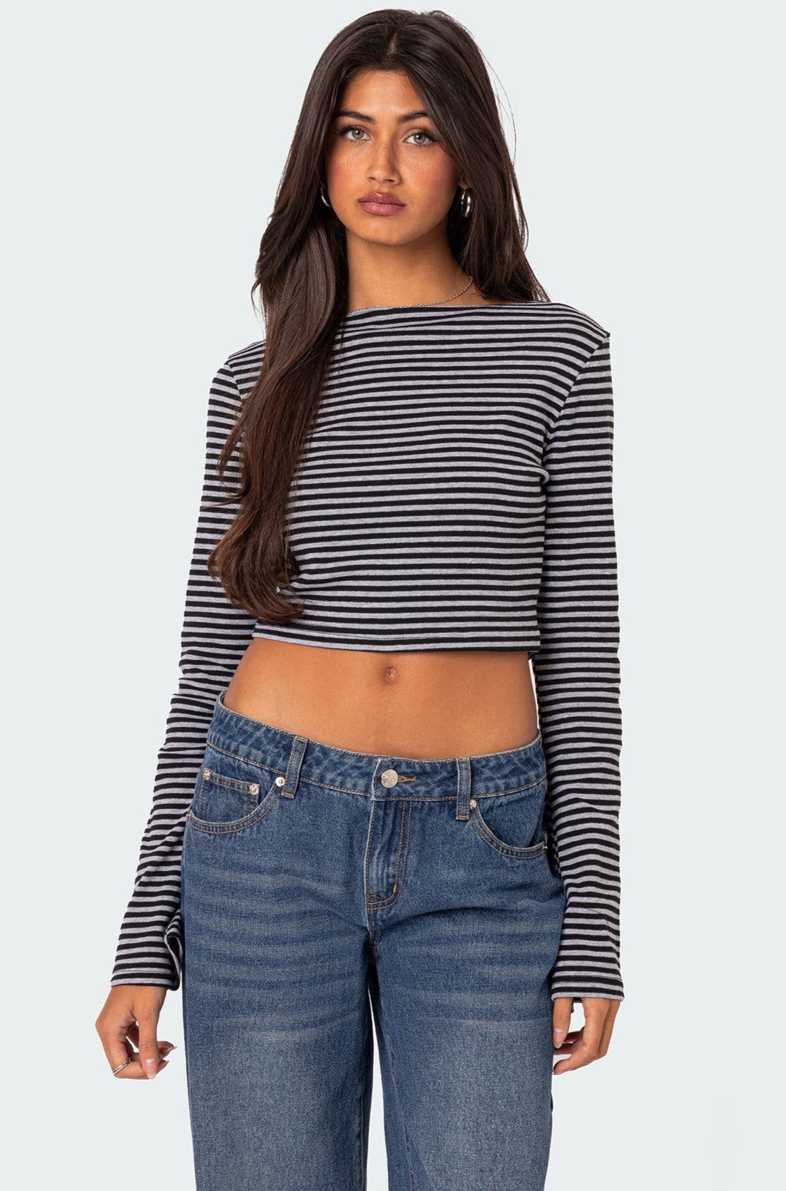 Striped Cotton Spandex Top with Bell Sleeves in Gray