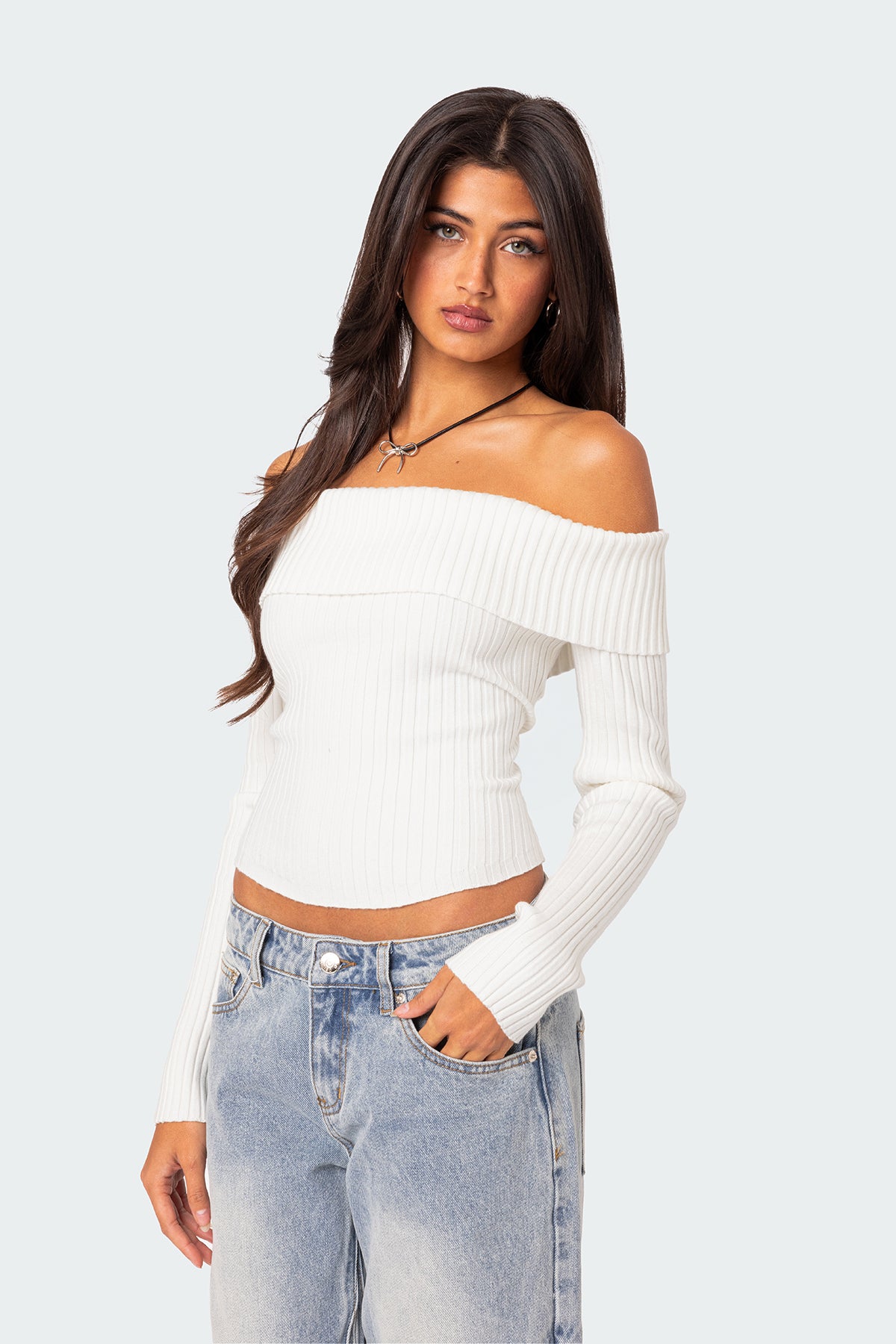 White Knit Fold Over Sweater