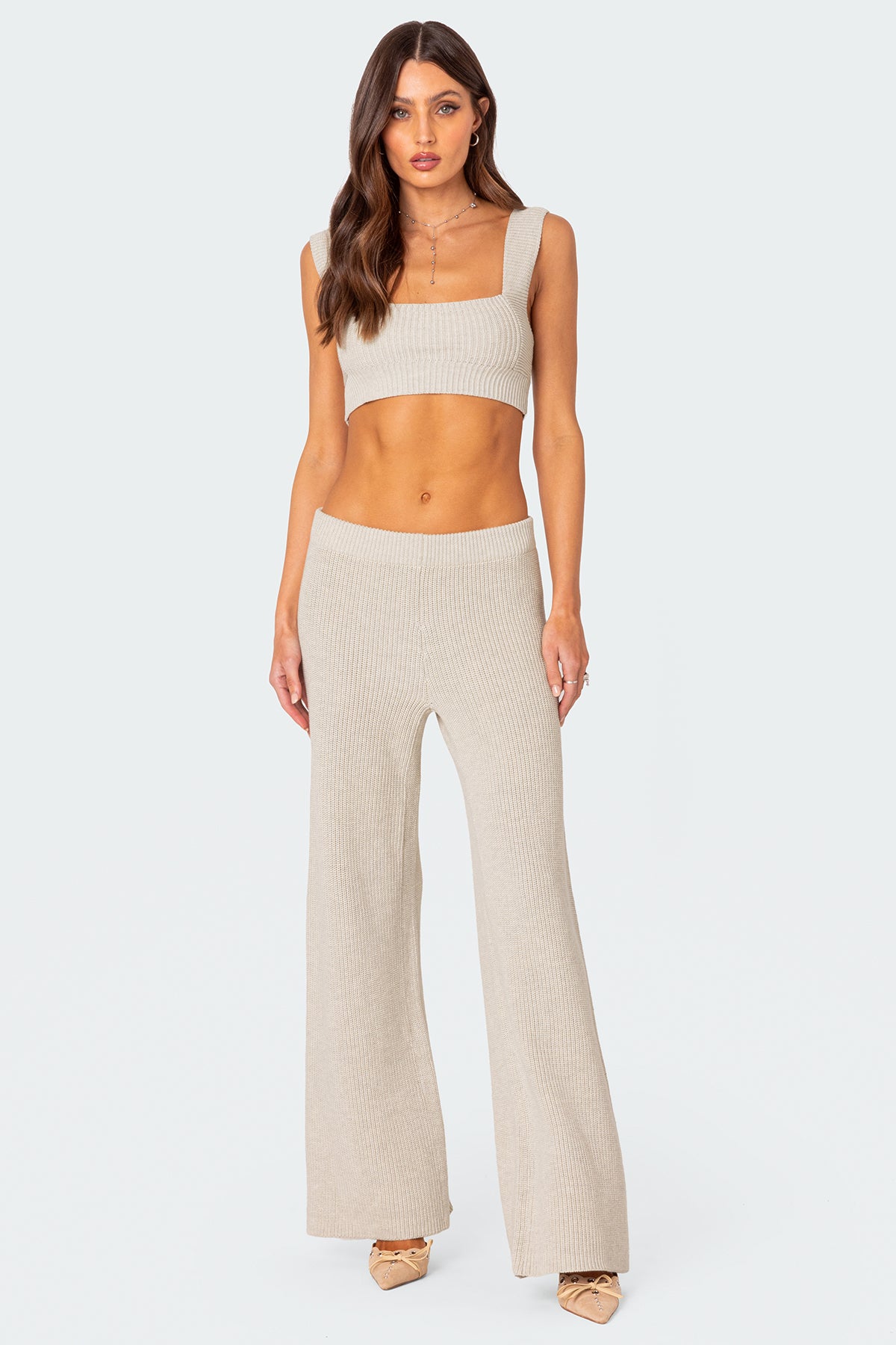 Cream Knit Straight Leg Pants