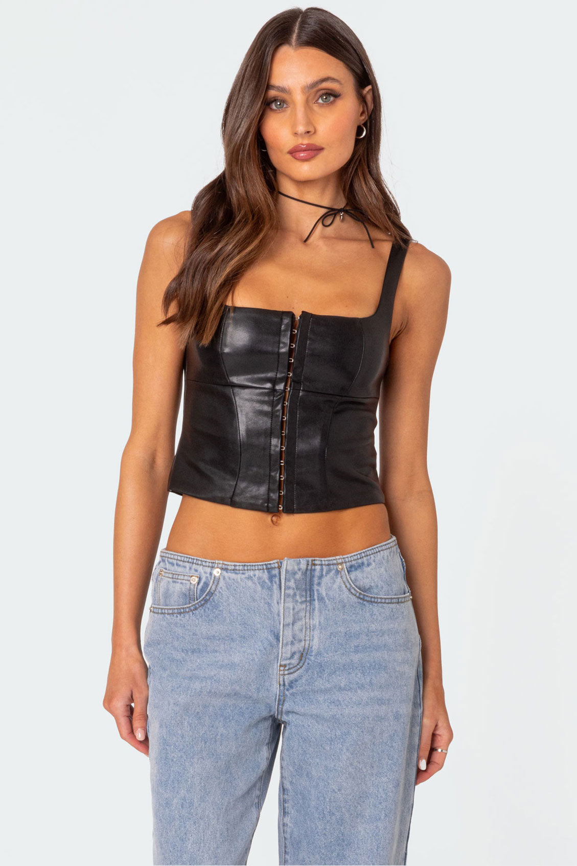 Faux Leather Square Neckline Corset in Black XS-XL Sizes