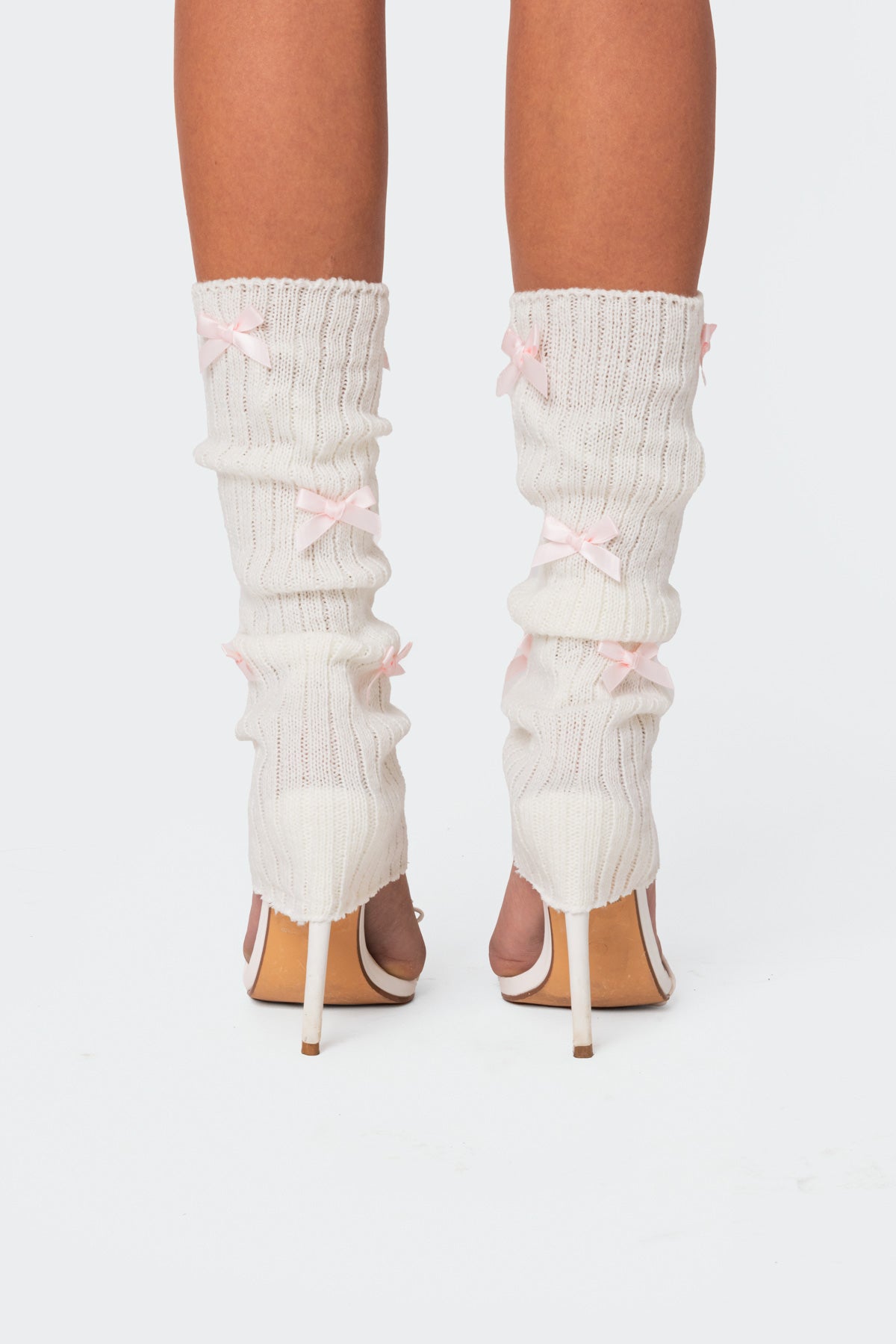 White and Pink Knit Leg Warmers with Satin Bow Detailing