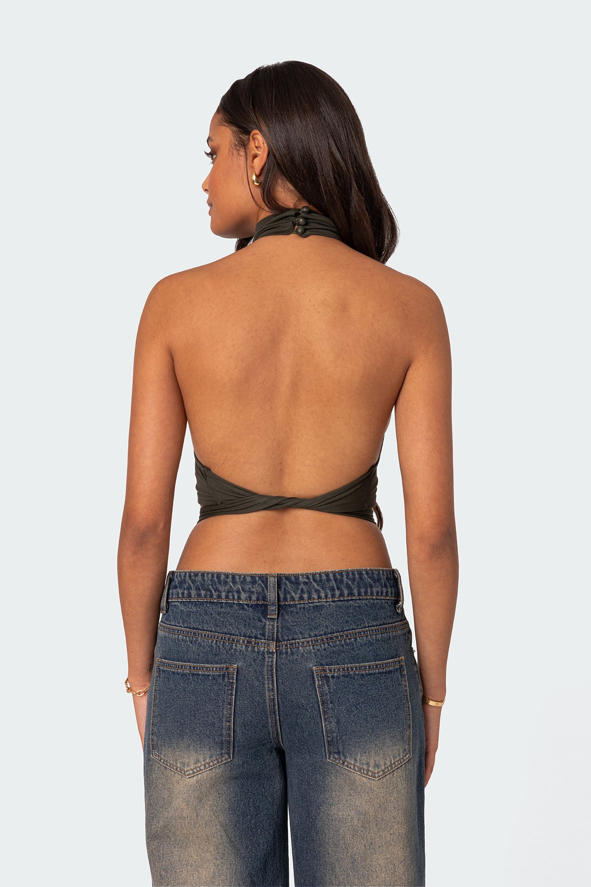 Olive Wrap Tie Cropped Top Polyester Rayon Spandex