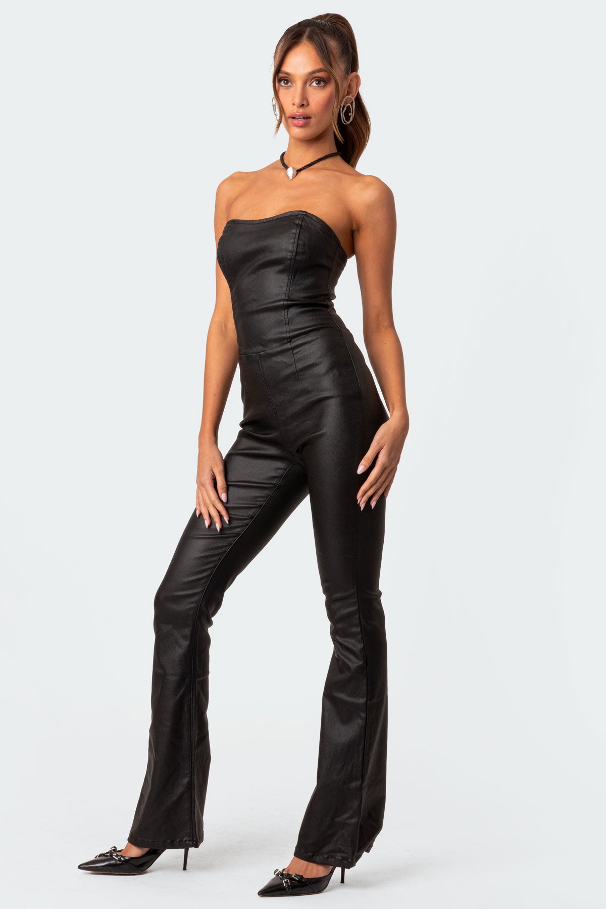 Black Faux Leather Flared Jumpsuit Womens Strapless Zip Closure