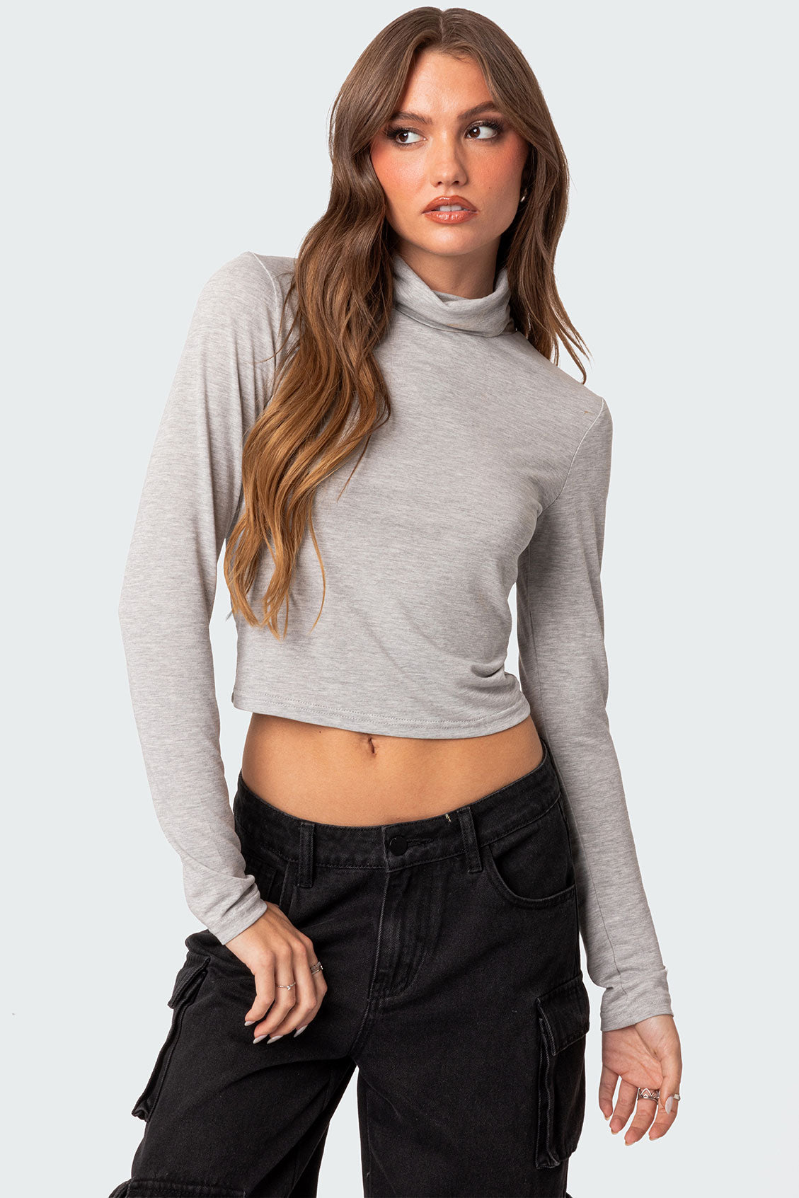 Gray Melange Turtle Neck Top for Women